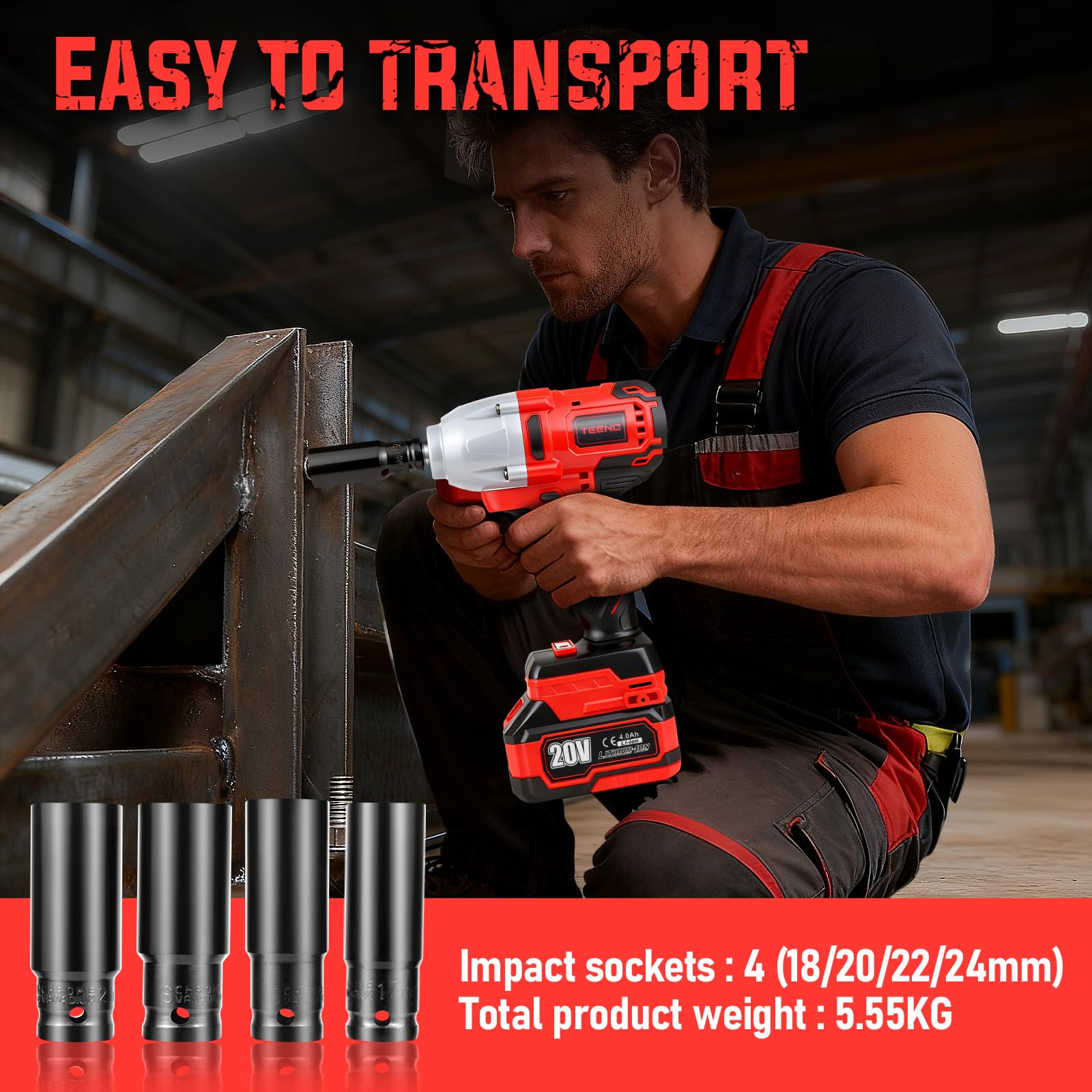 TEENO Clé à Chocs Sans Fil Brushless, Couple Maximal 600 Nm, avec Coffret, Mandrin 1/2" (13 mm), 4 Ugelli Inclus, pour Usage Automobile Intensif, Grands Travaux sur Chantier et Projets de Bricolage