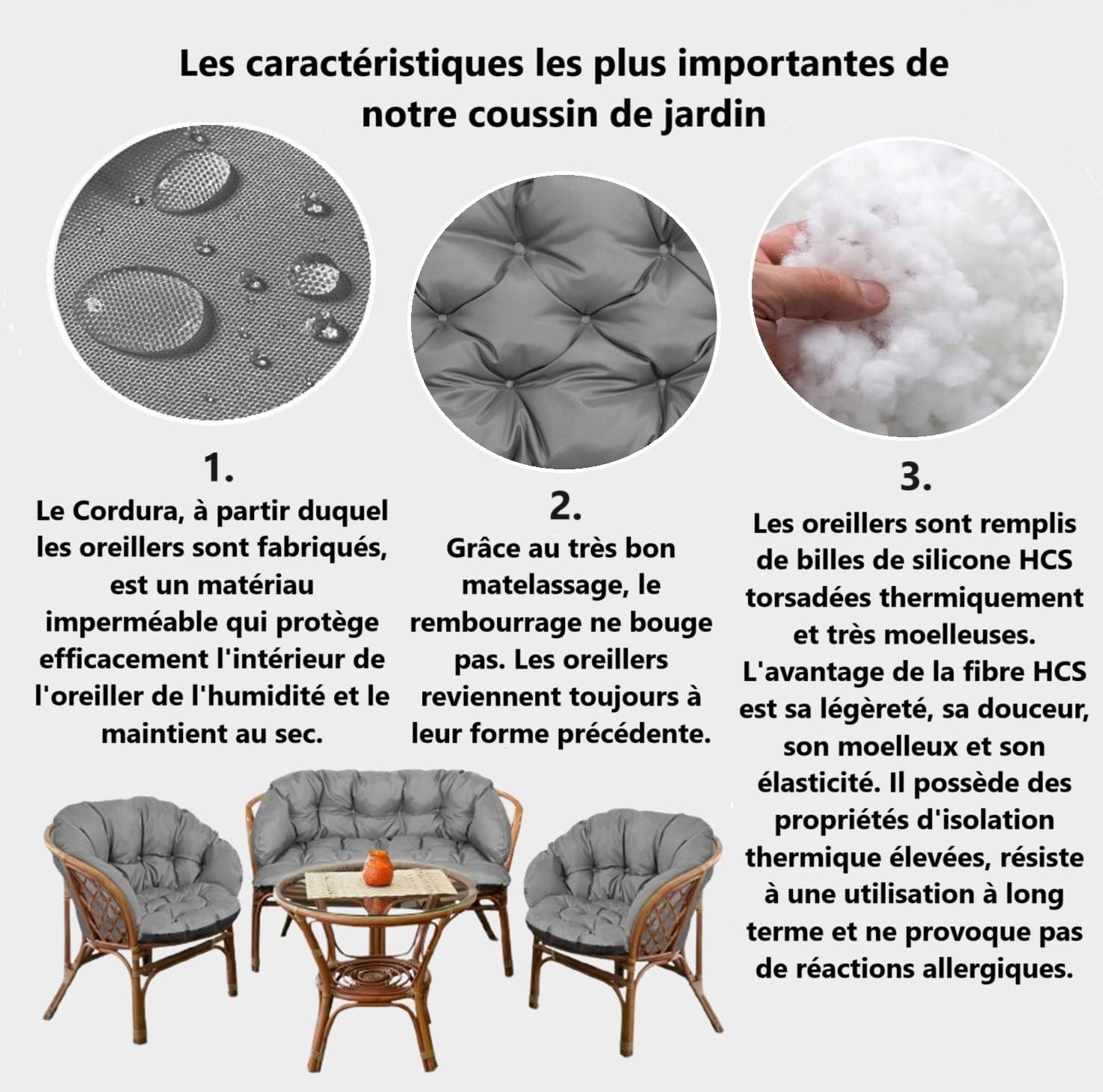 Ensemble de Coussins de Jardin Coussins pour canapé de Jardin Meubles en rotin Cordura pour Utilisation en extérieur Matelassé Confortable Imperméable