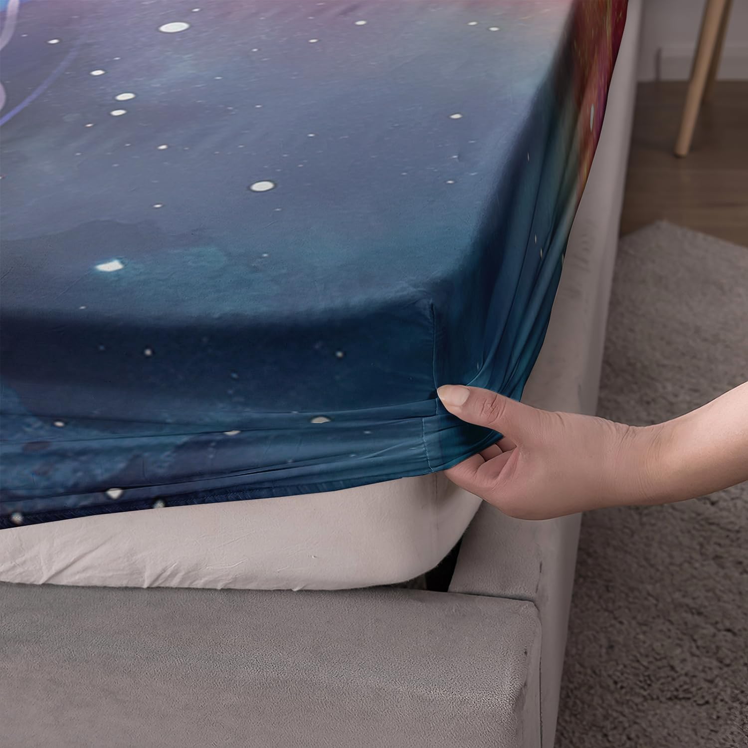 Glowing Jellyfish Fitted Sheet Set Queen Size,Galaxy Space Planet Rocket Bedding Set for Kids Teens Boys Girls Room Decor,Universe Sea Creatures Bedding Sets,1 Fitted Sheet+2 Pillowcases.