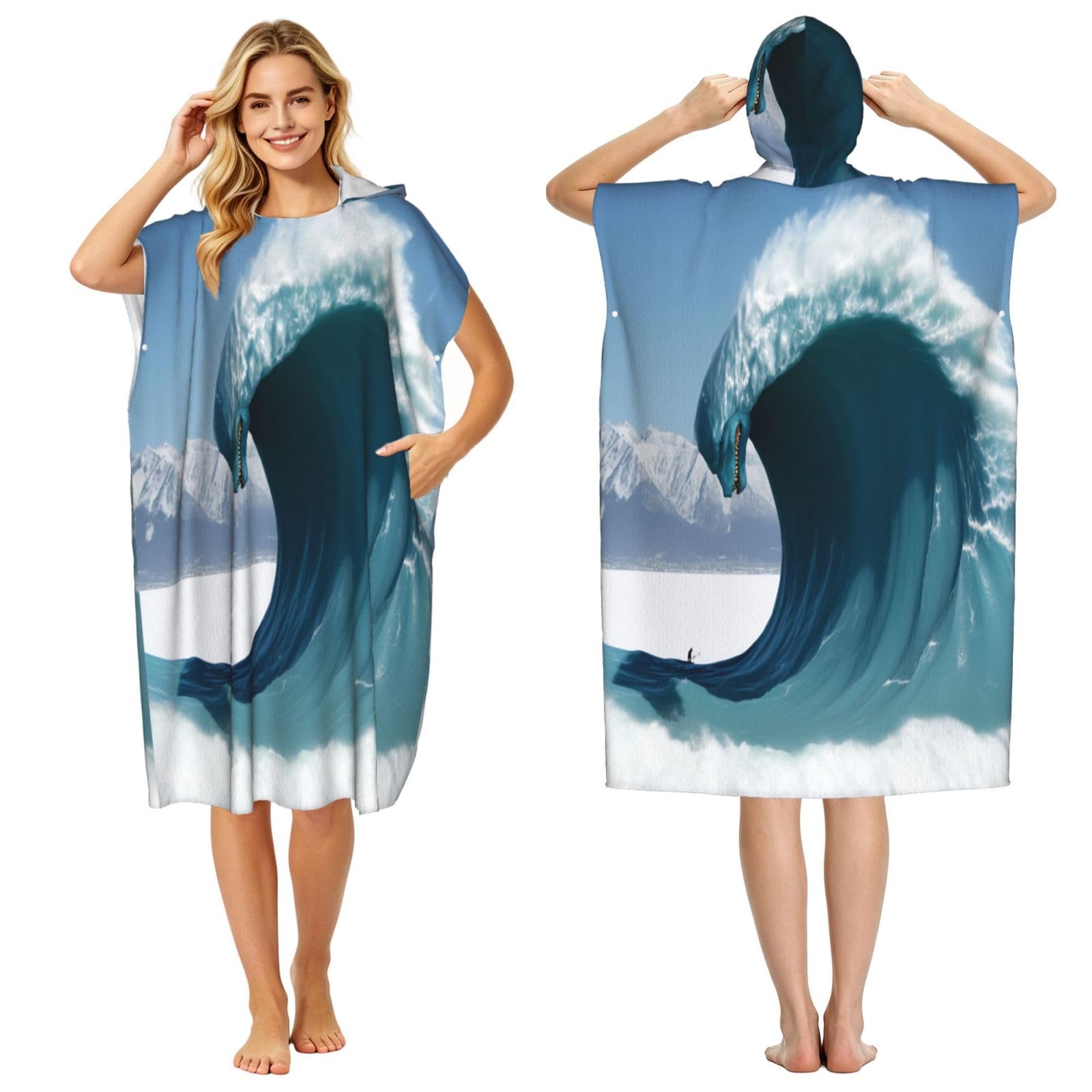 DTHKJNLSF Giant Monsters In The Waves Adult Hooded Beach Poncho Towel