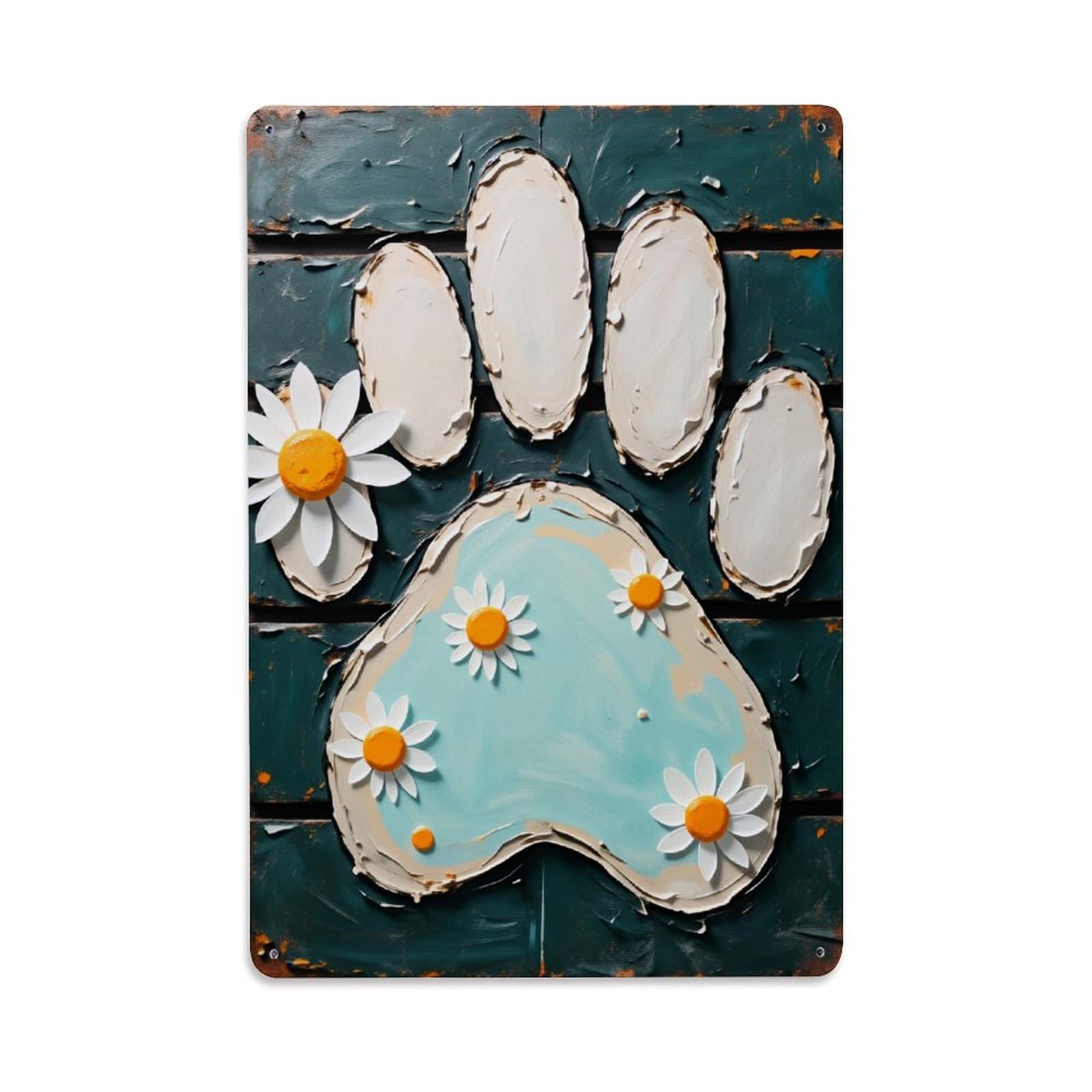Enderetf Vintage Paw Print With Daisies Pattern Tin Sign Metal Poster, Home Bar Garage Man Cave Cafe Indoor & Outdoor Wall Decoration 8X12inches