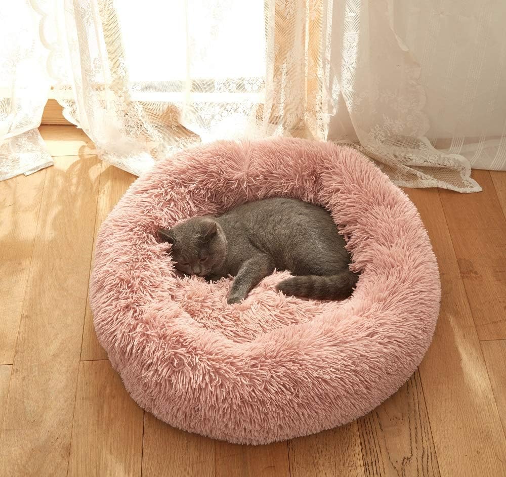 FlySheep Plush Donut Cat Cushion Bed, Indoor Soft Faux Fur Dog Bed Warm for Winter, Self Warming Shaggy Fluffy Round Cuddler - Machine…