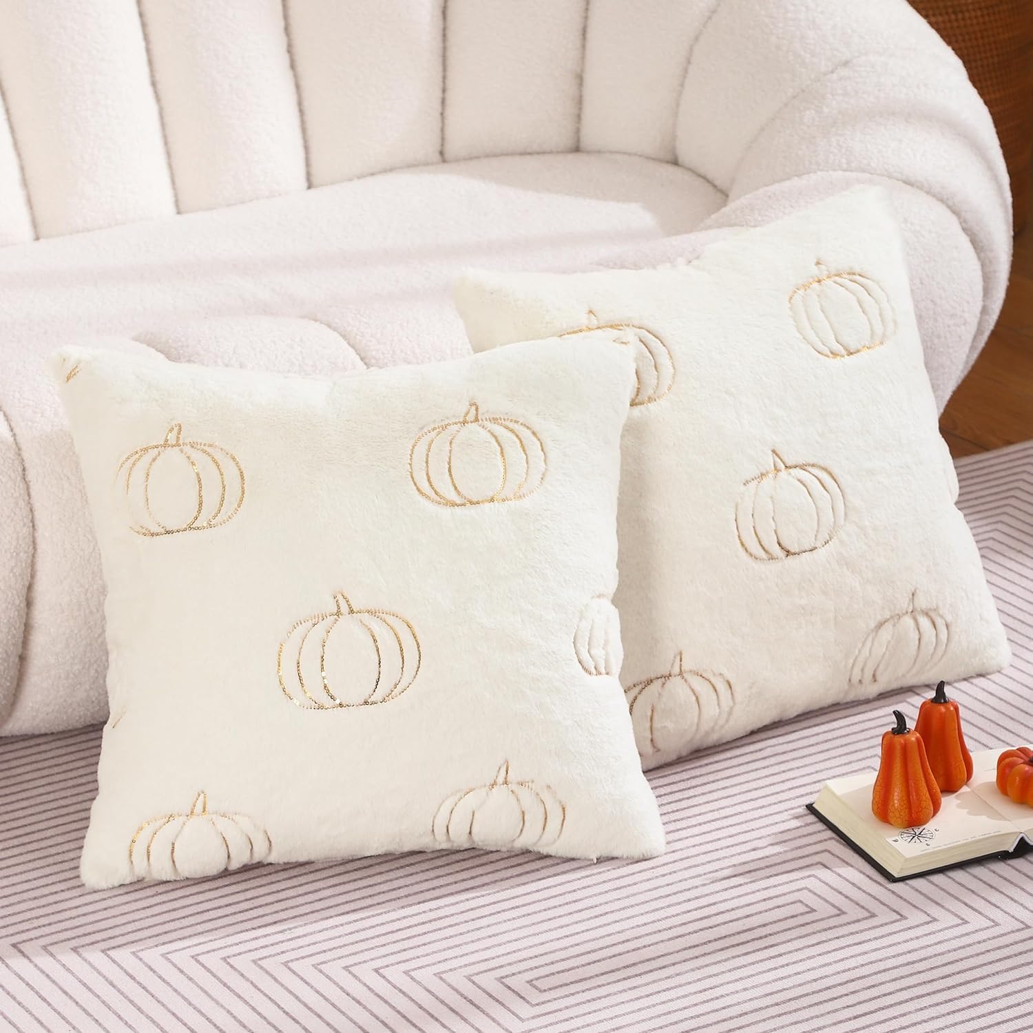 Tosleo Halloween Throw Pillow Covers 20x20 inch Set of 2 White Sequin Embroidery Pumpkins Pillow Cases Thanksgiving Home Party Pumpkin Fall Decor Plush Pillowcases Cushion Covers for Sofa Bed Couch - Image 2