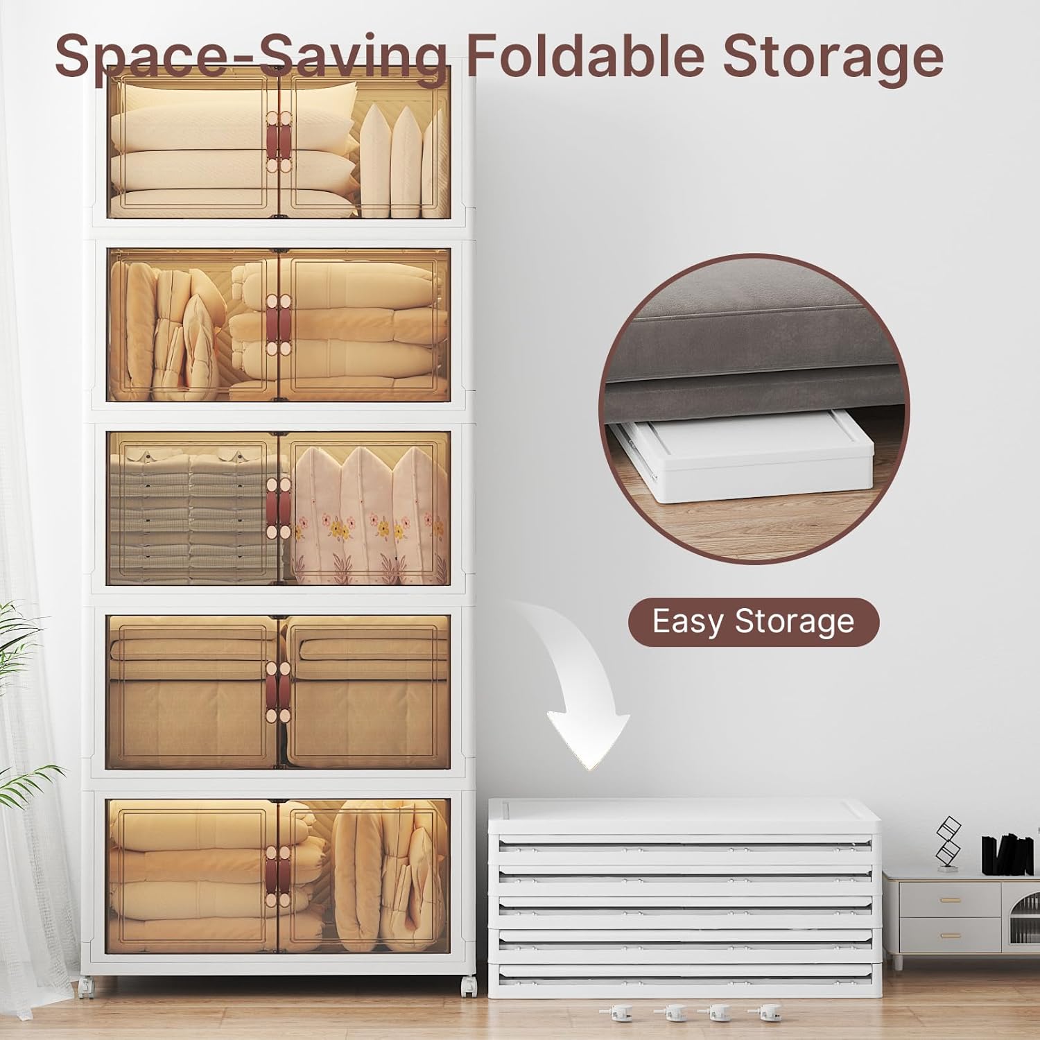 800Qt Stackable Storage Bins with Lids, 5 Pack Large Collapsible Bins with Wheels, Plastic Cabinet with Doors, Foldable Closet Organizers and Storage for Home, Dorm, Office, White