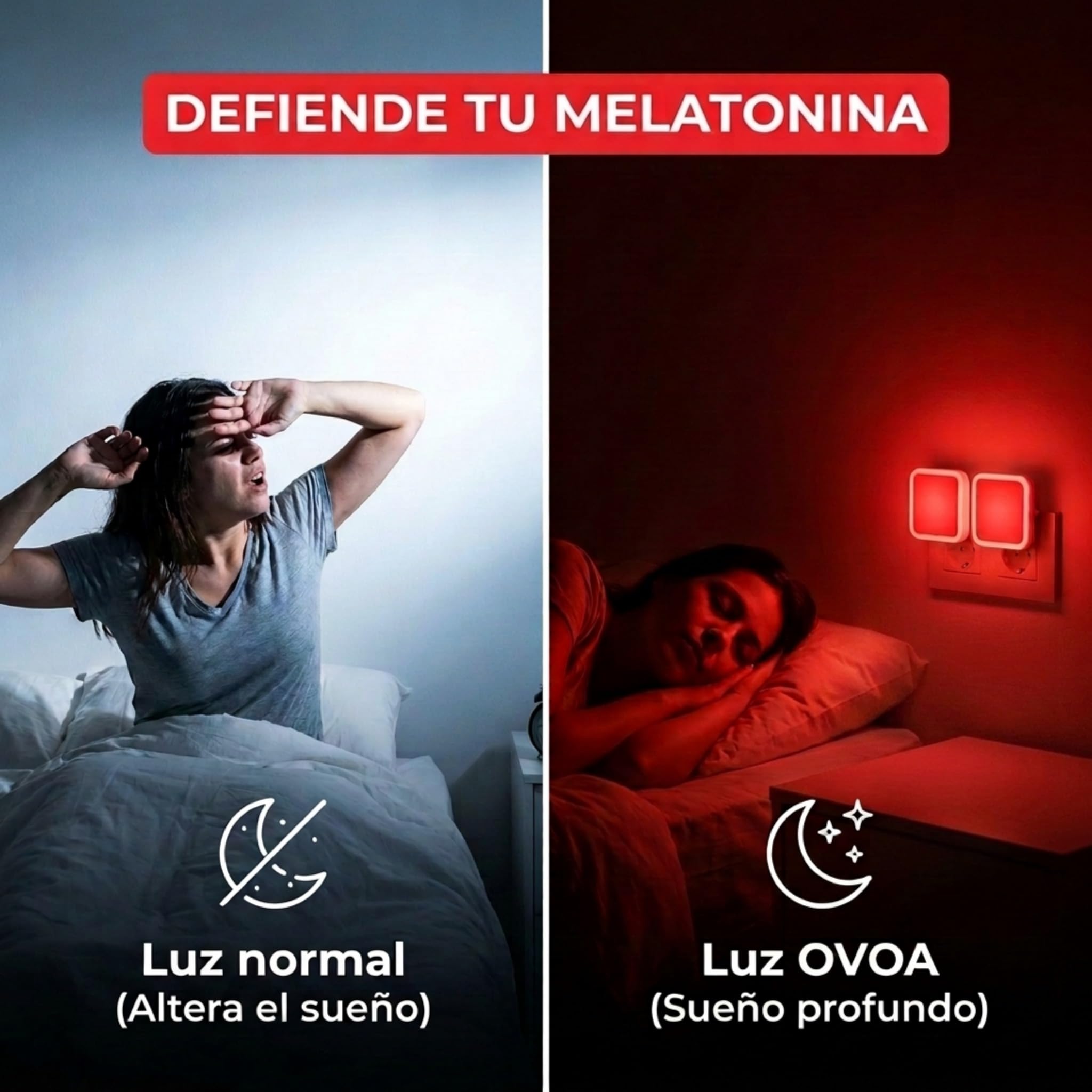 Luz Roja Nocturna Enchufable | Pack de 2 + Ebook | Luces Rojas Nocturna Melatonina para Dormir Mejor | Luz Roja Bebé y Luces Rojas Enchufe Antiflicker | Noche Relajante Sueño, Descanso y Bienestar