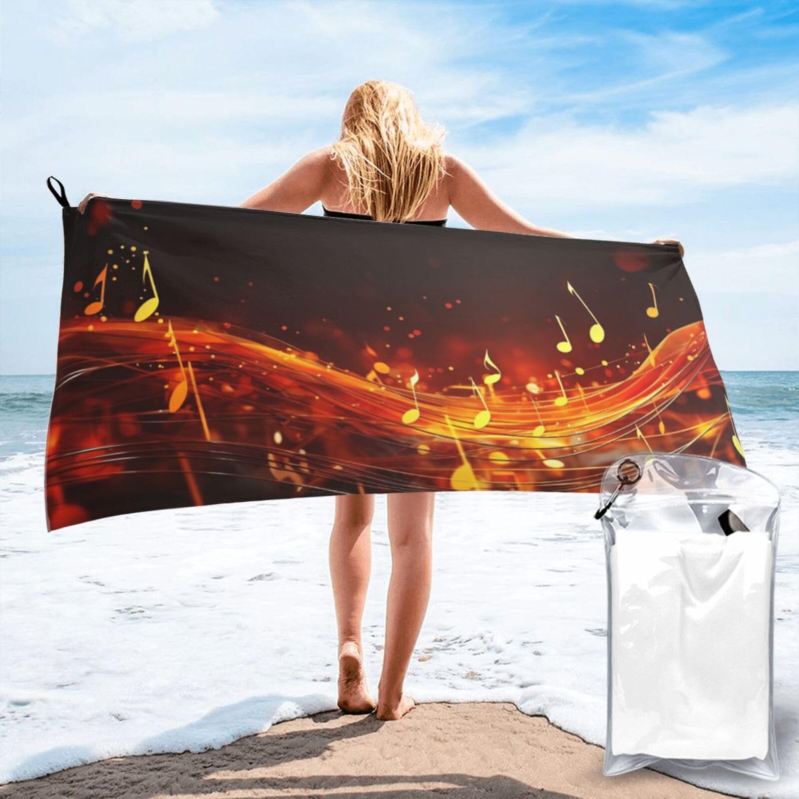 KKLWEGU Microfiber Beach Towel 31.5"X63" Quick Dry Absorbent Bath Shower Towel Sandproof Soft Pool Towels Red Flame Music Note Beach Blanket for