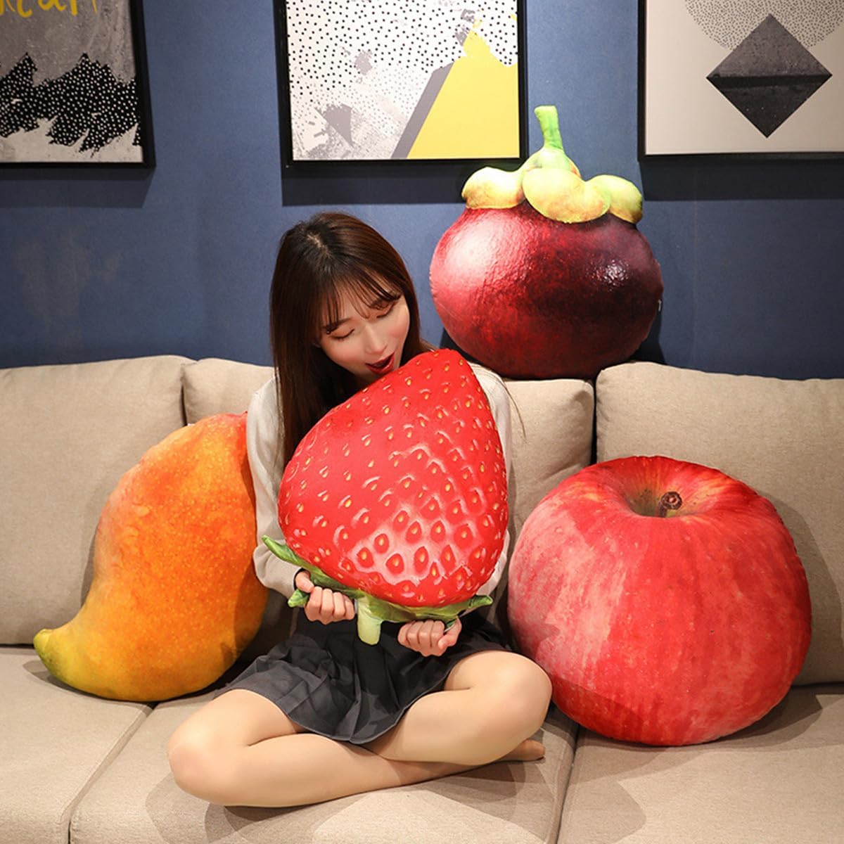 WAIUYIA Simulation Fruit Throw Pillow Kawaii Stuffed Fruit Plush Throw Pillow Decorative Cute Soft Fruit Plush Pillows Cushions for Bed Couch Chair Sofa Home Decor (Pomegranate)