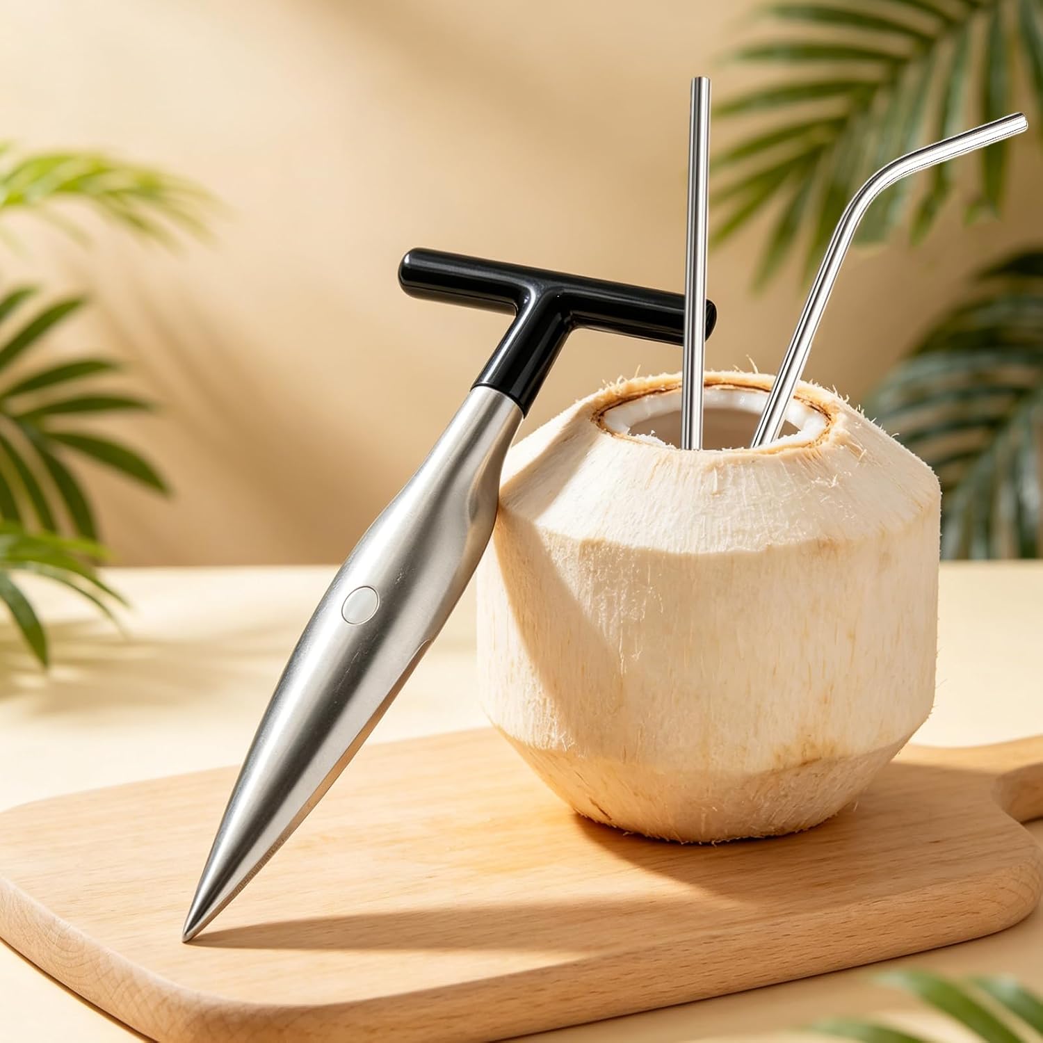 2 Pack Coconut Opener Tool Set with 8 Stainless Steel Straws, Brushes & Storage Bag Food-Grade T-Handle Coconut Drills Coconut Knife Coco Drill Punch Tool for Fresh Coconut Water