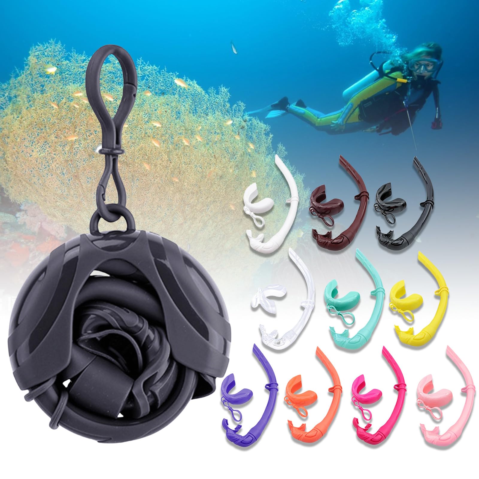 Rolls Up Silicone Snorkels Swimming Snorkels with Hanging Buckles for Scubas Diving Spearfishing Freediving Snorkeling