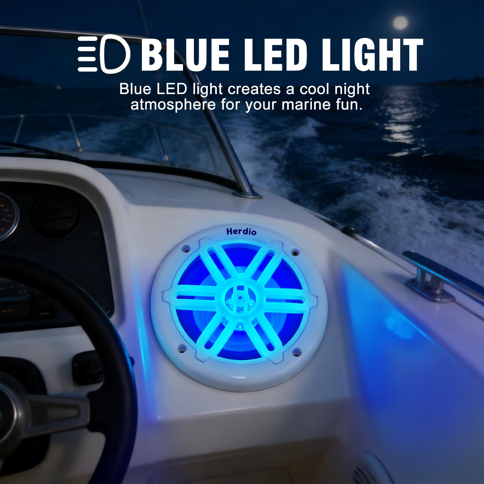 Herdio 6.5" 350W Marine Speakers - IP66 Waterproof Coaxial Audio, with Blue LED Light for Boats, ATVs, UTVs with UV Resistant White Grille (A Pair)