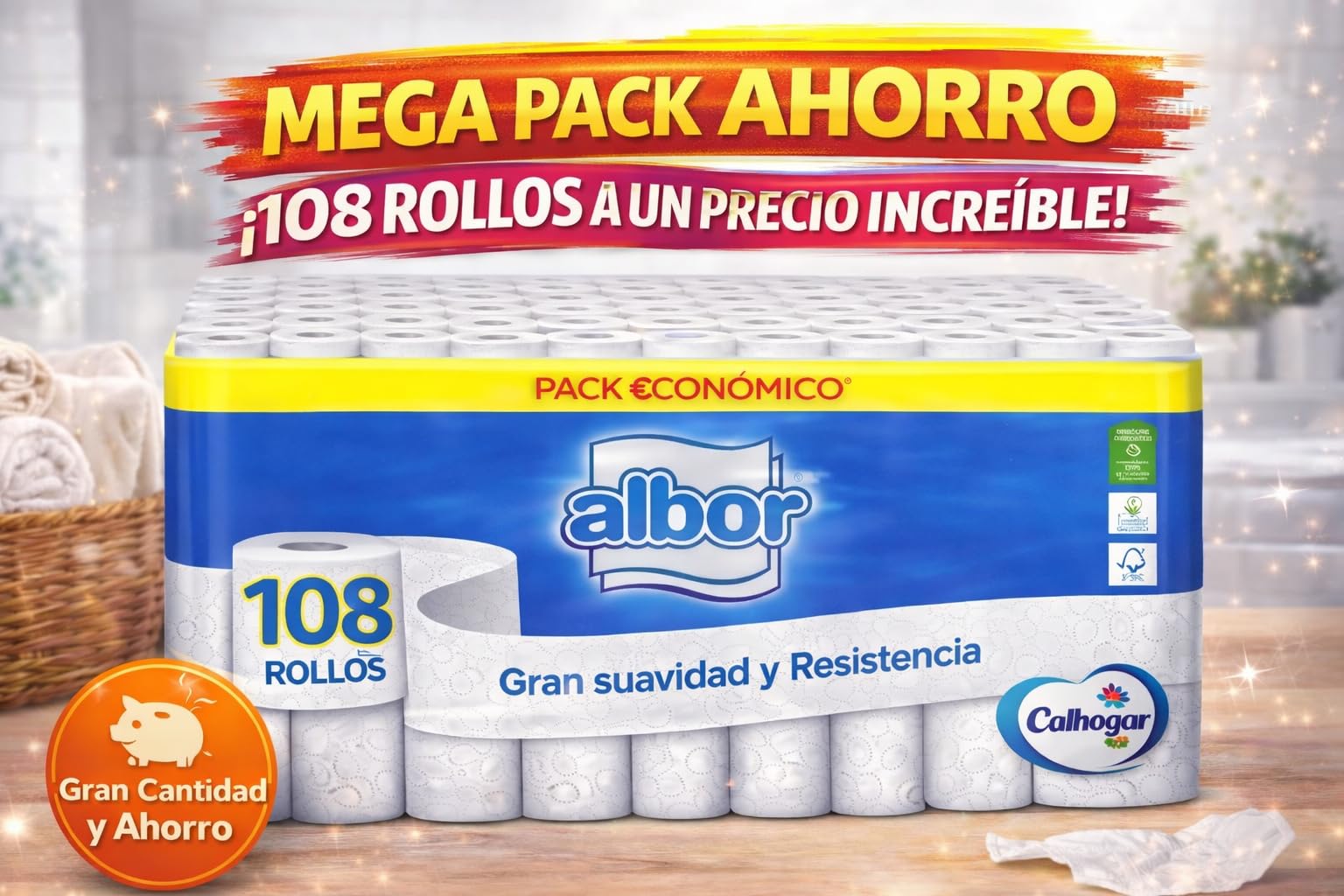 Pack Mega Ahorro Colhogar Albor 108 Rollos Papel Higiénico – 9 Packs de 12 | Máxima Duración y Comodidad