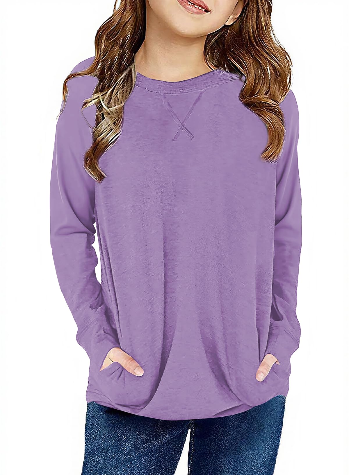 SELINK Girl's Casual Big Kids Long Sleeve Striped Color Block Tees Pockets