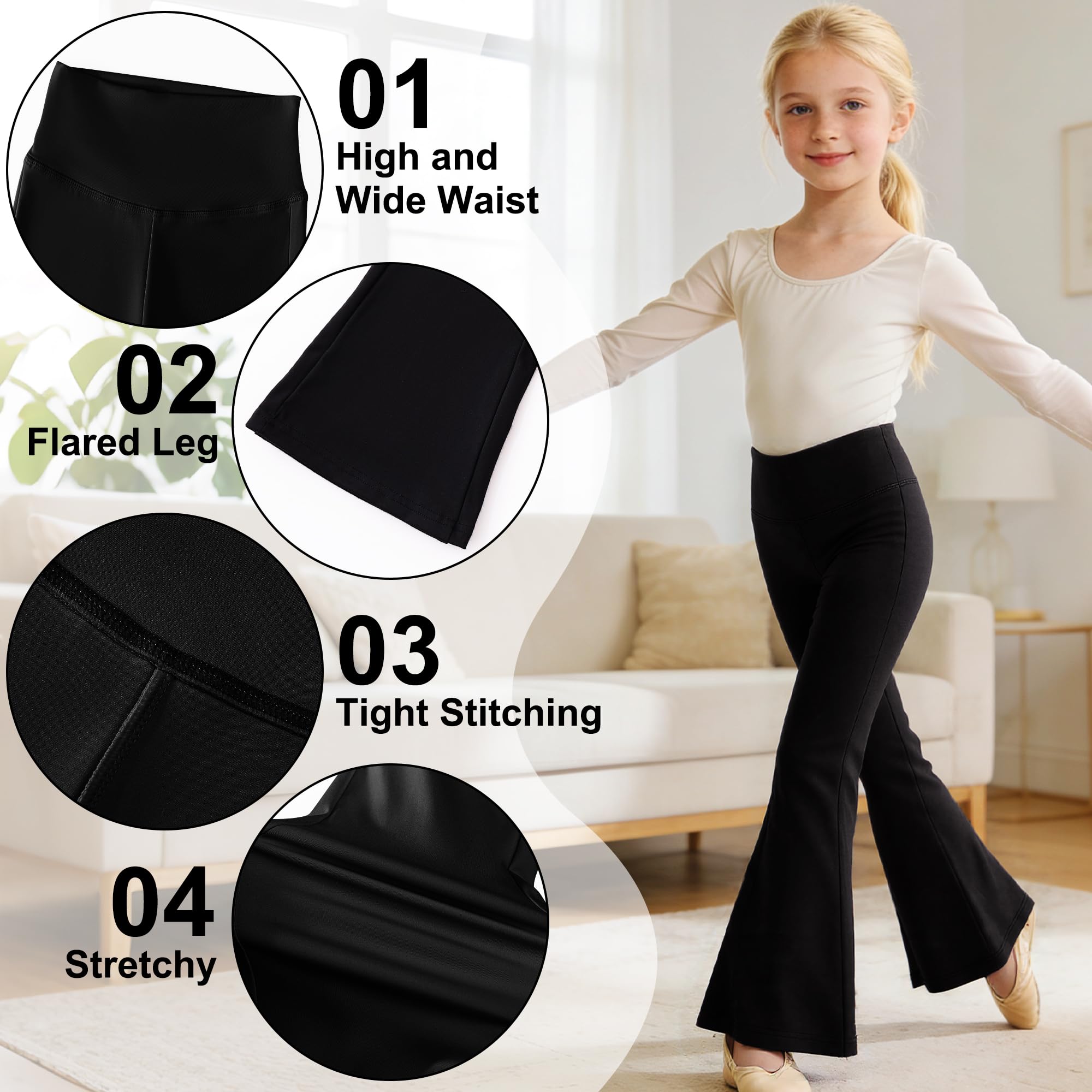 Leggings Flare per Ragazze, 2 Paia, Bambina Comodi Svasati a Vita Alta Pantaloni, Elasticizzati Largo Pantaloni a Zampa Legging Bambini Sportivi Danza Abbigliamento 7-14 Anni