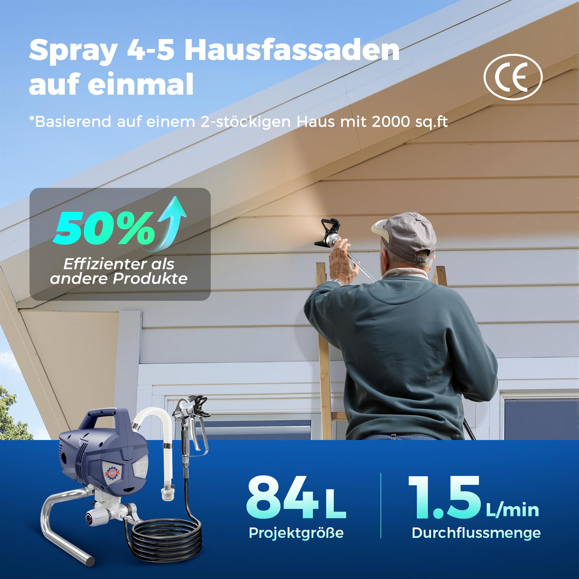 Hochleistungs Airless Farbsprühsystem, 3300PSI 1010W Airless Farbsprühgerät, 1,5L/min, 7,5m Schlauch, mit Verlängerungsstange und Verstopfungsschutz für Innen- und Außenwände, Zäune, Dächer