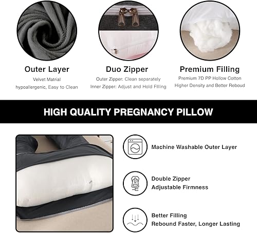 Miniatura 4 de ALLOPERA Almohada de embarazo, almohada de maternidad de cuerpo completo de 57 pulgadas con funda extraíble lavable, soporte para dormir para