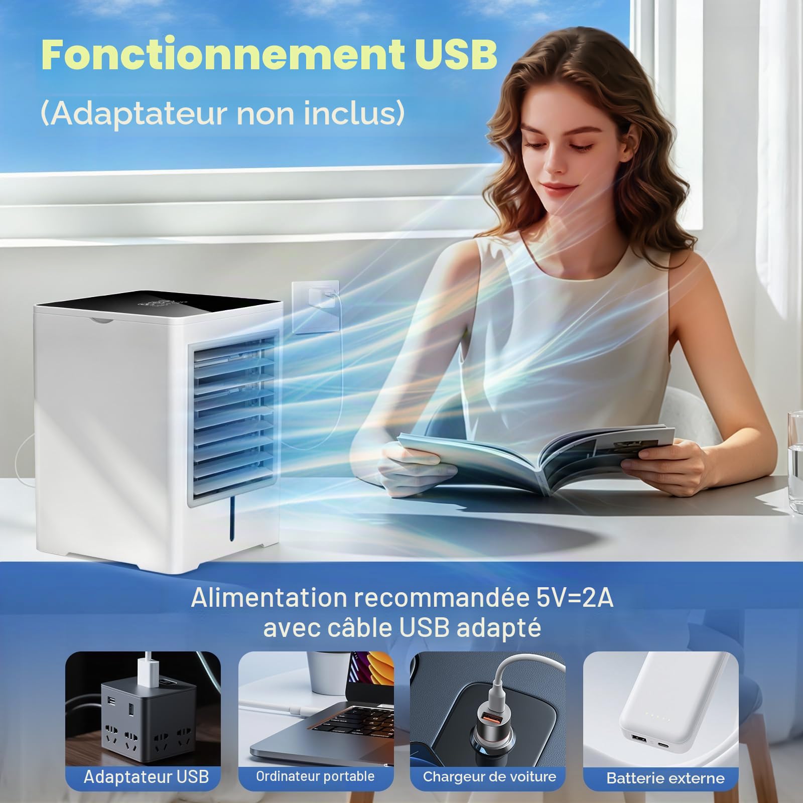 Climatiseur Mobile 3 en 1, Ventilateur avec Eau 470ml, Rafraichisseur d'Air | Alimentation USB, 3 Vitesses, Minuterie, Écran Tactile, Silencieux, sans Évacuation, pour Usage Personnel, Chambre, Bureau