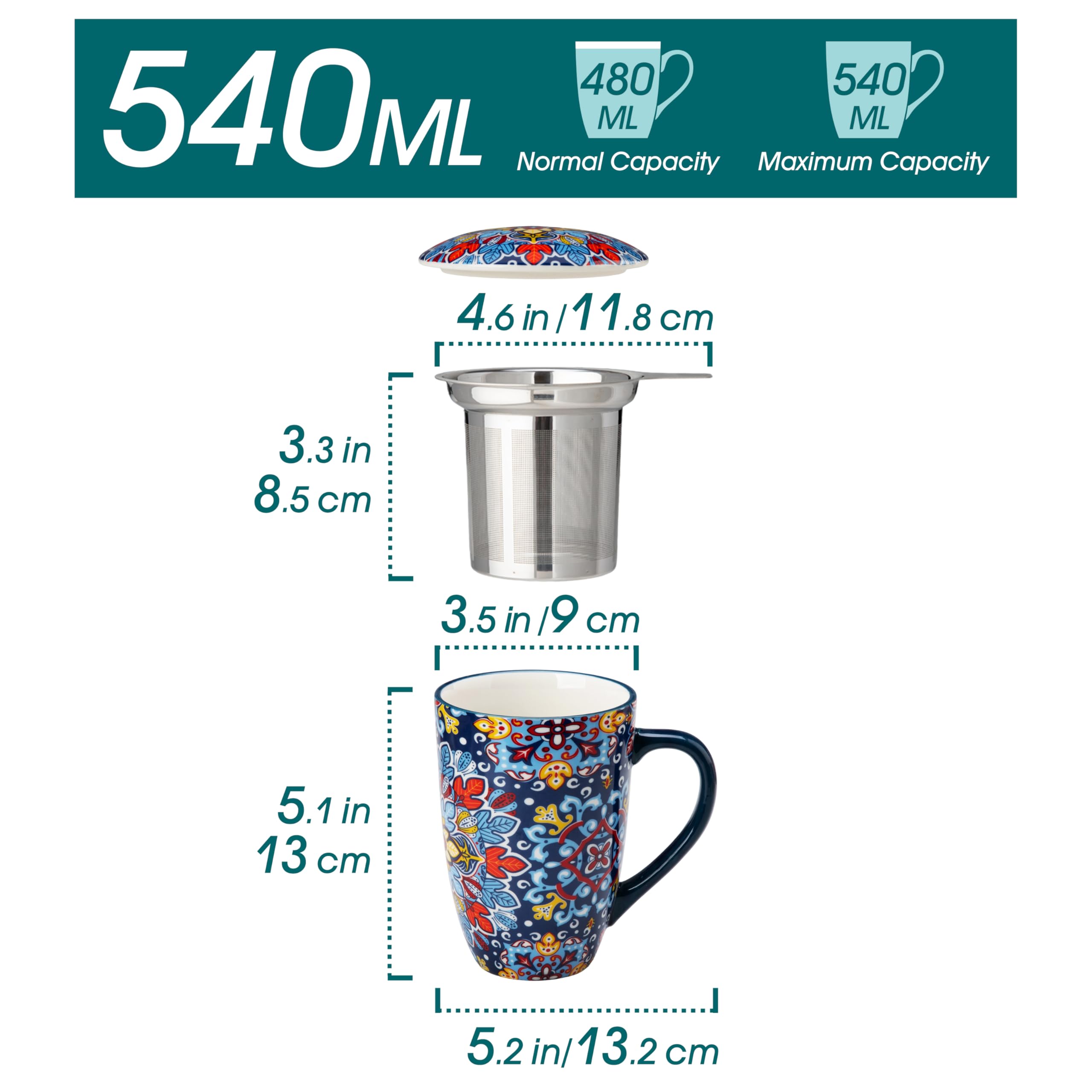 vancasso SIMI Tazza da Tè con Infusore e Coperchio - 540ml - Tisaniera in Porcellana, Tazze Mug Grandi per Tisane, Stile Boho Blu