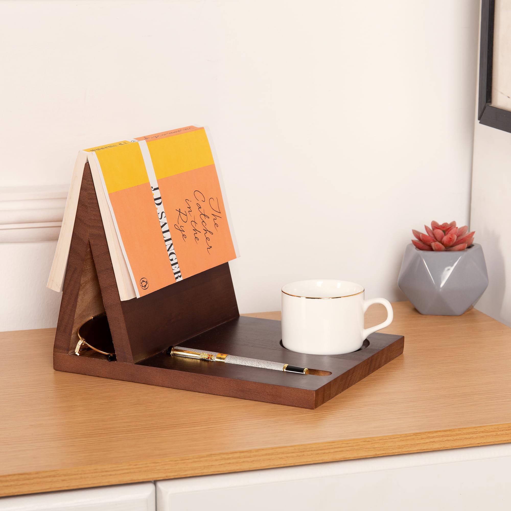 Triangle Book Page Holder Gift for Reading Lovers Bookmark Wooden Stand Dark Christmas Xmas Gifts for Readers Teachers Librarians Writers Grads Library Home Decor (Walnut Triangle with Holder)