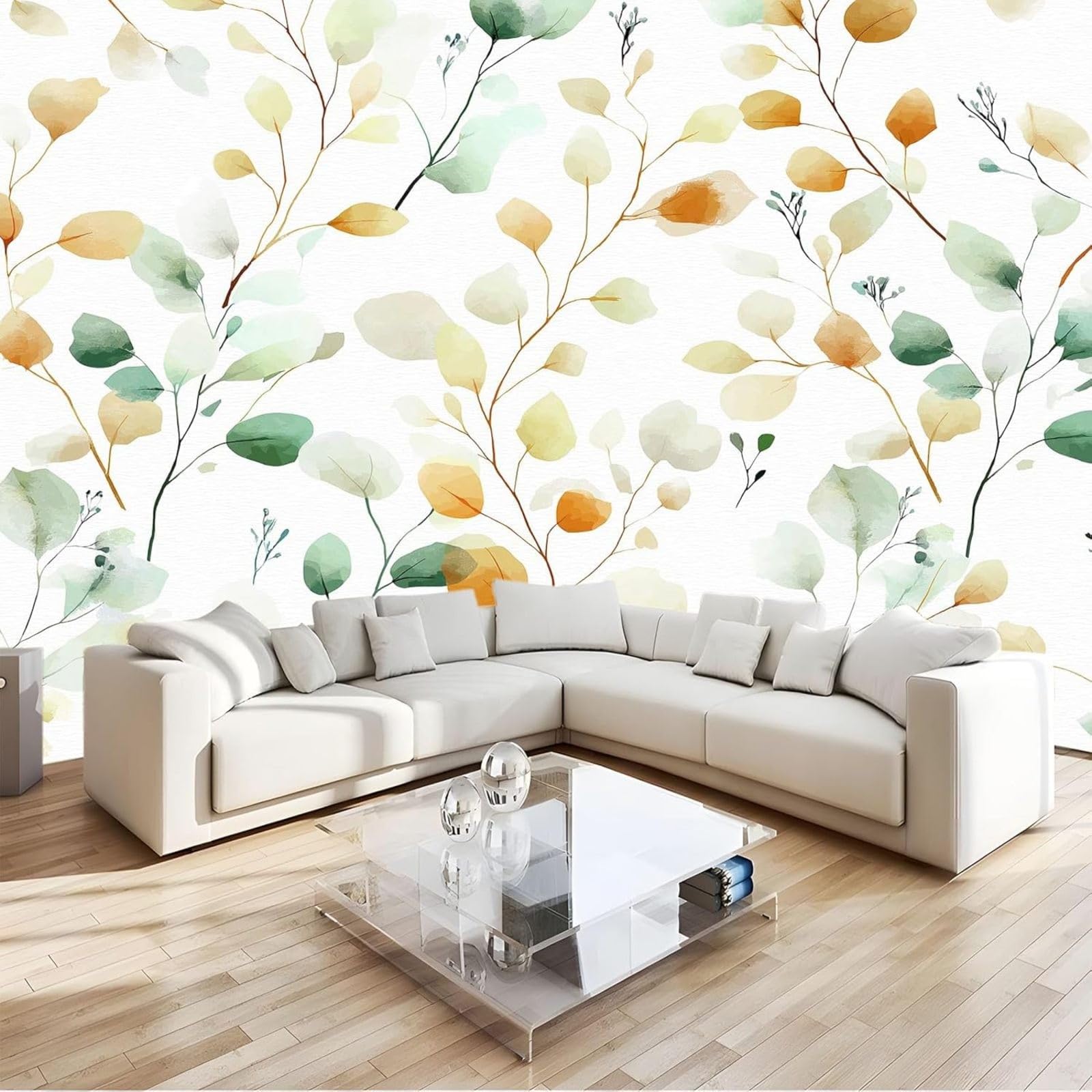 3D Effect Photo Wallpaper Bohemia Flowers Leaves Branches, White Wall Mural Non-woven Wall for Living Room Bedroom Children's Room TV Background Modern Wall Decoration, 350cm x 256cm Stickers - Framel