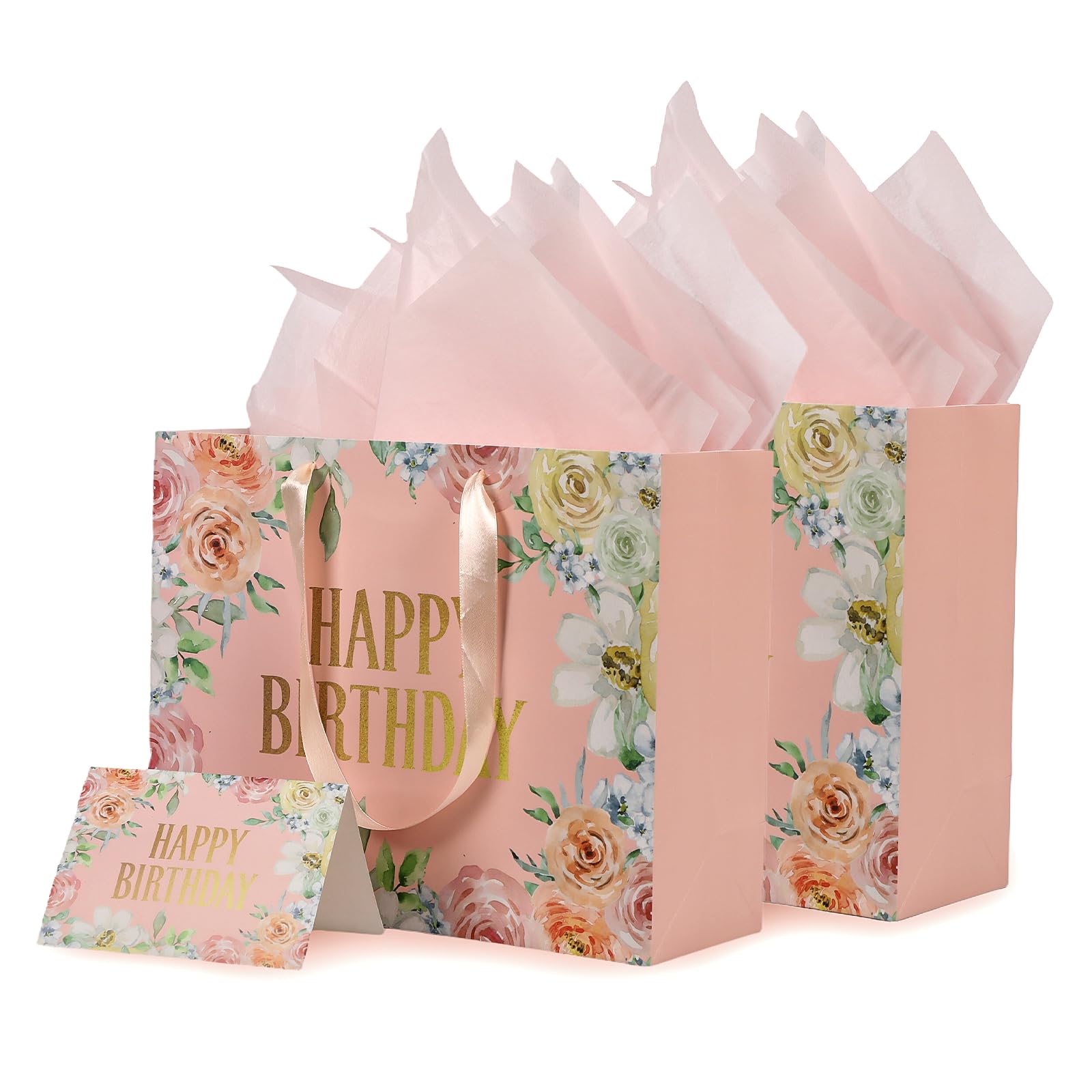 Medium Birthday Gift Bags, 2pc Tote Bag with Handles, 3 Wrapping Tissues, A Card for Personalised Birthday party Greeting 13x10.23x4.7in (Flowers)