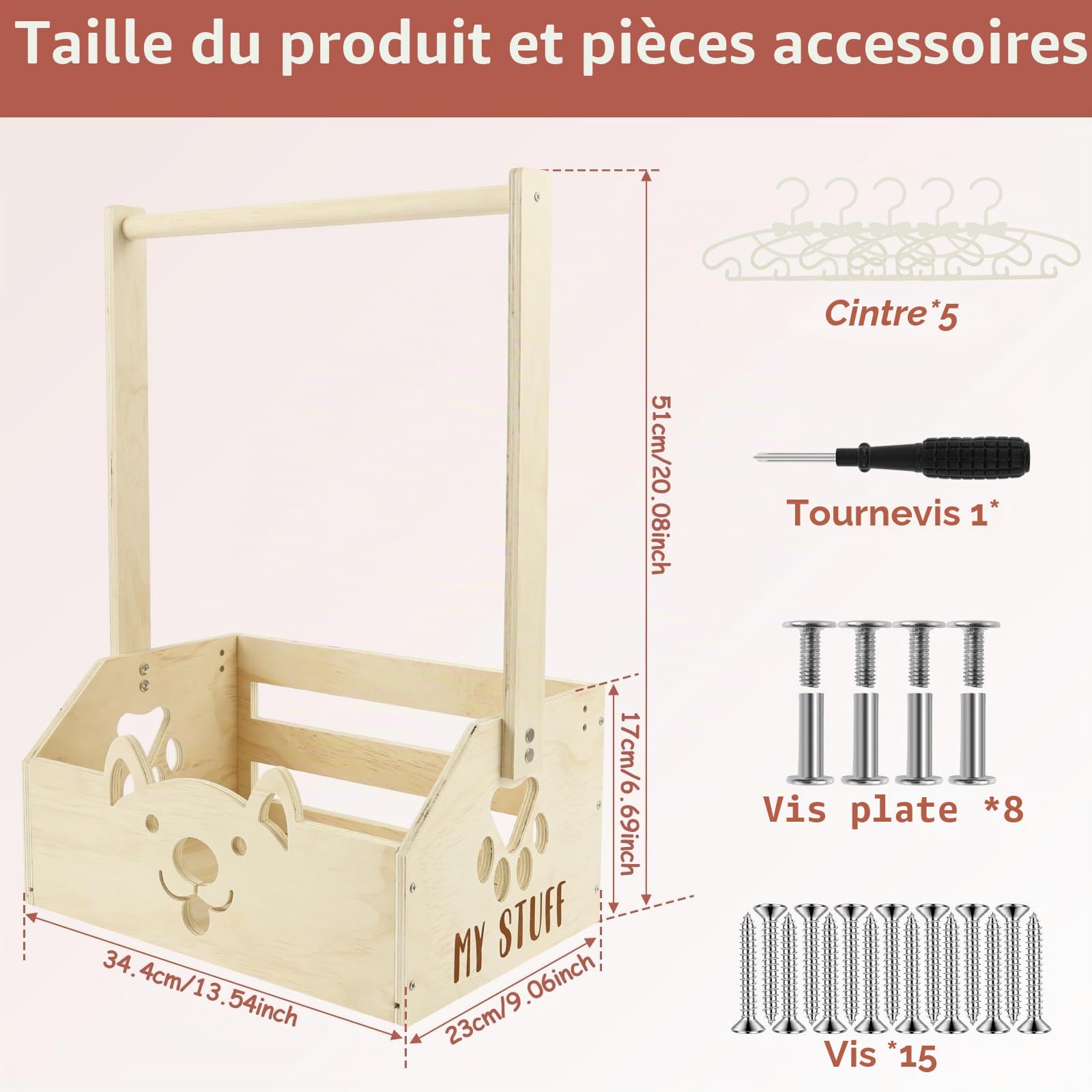 Panier en bois pour bébé avec poignée et 5 cintres pour enfants - Armoire de rangement polyvalente pour bébé - Panier de rangement pour nouveau-né - Pour anniversaire, fête prénatale, Noël, nouveaux