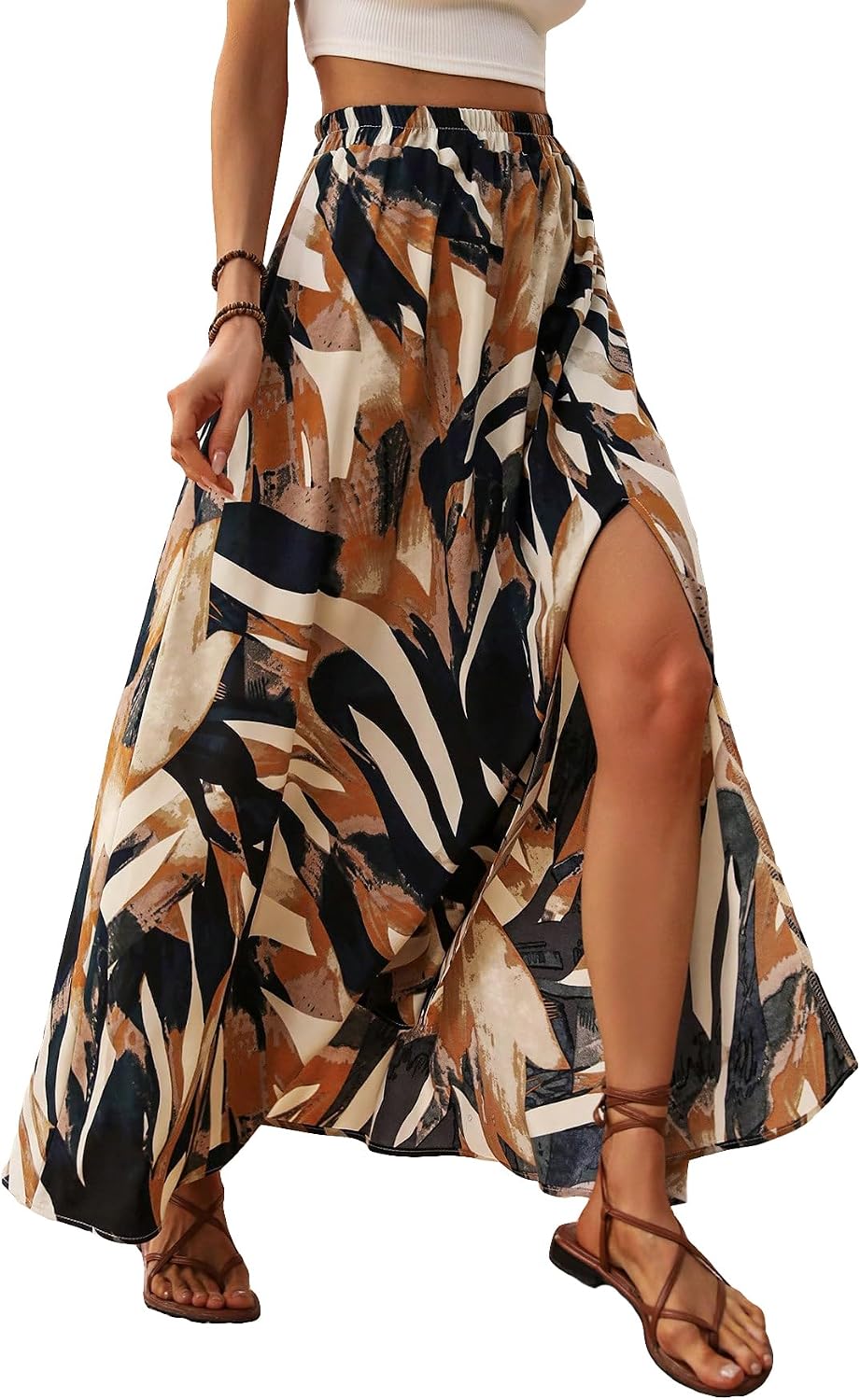 Floerns Women's Summer Tropical Print Slit Long Skirt Elastic High Waist Flowy Maxi Skirt