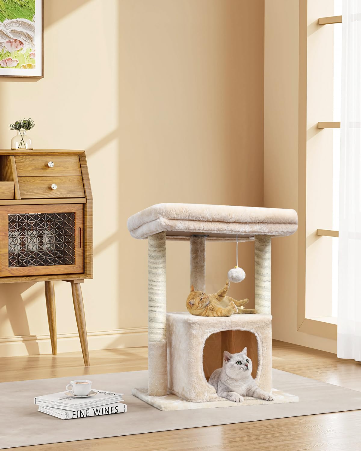 SYANDLVY 68cm Katzenbaum für Indoor-Katzen, Aktivitätsturm mit Kratzerposten, Moderne Kätzchen Condo mit Plüsch Perch & Hängen Ball zum Spielen (Beige)