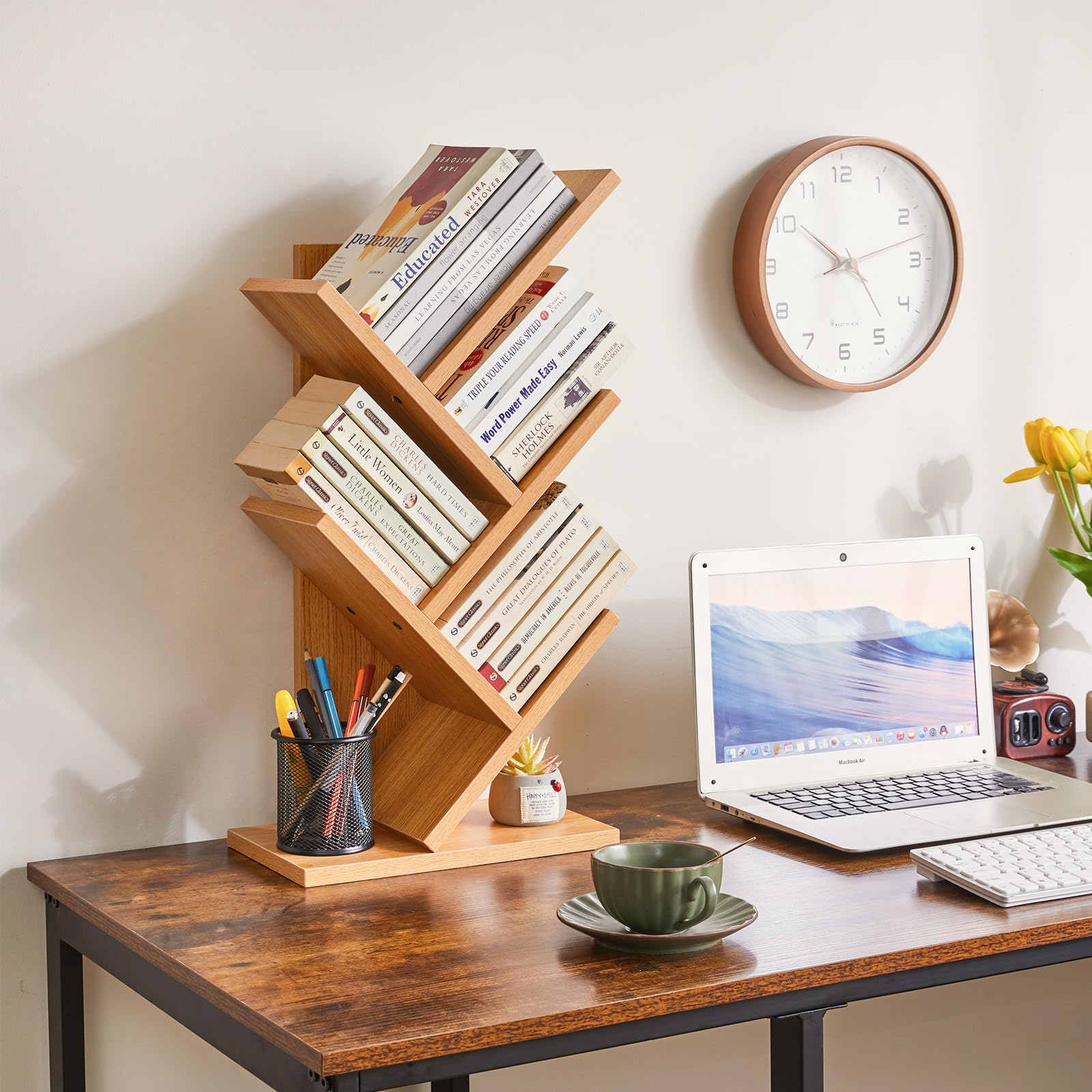 YMYNY Bibliothèque d'arbre, Étagère à Livres sur Pied, Étagère de Rangement pour Magazines, CD, pour Salon, Chambre, Bureau, 60 cm, Couleur Bois Naturel