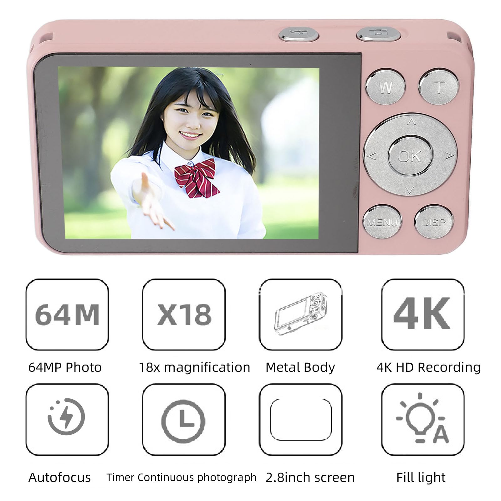 Przenośny Aparat Cyfrowy 4K, Kamera 1080P, 18-krotny Zoom Cyfrowy, Autofokus Zapobiegający Wstrząsom, Kompaktowy Aparat Podróżny, dla Dzieci, Studentów, Dzieci, Nastolatka,