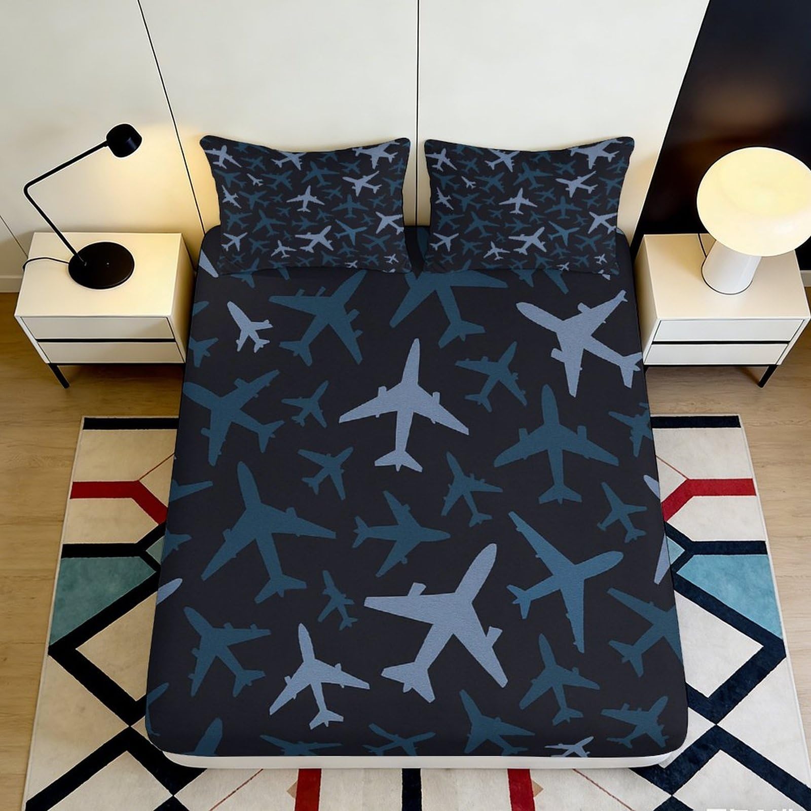 Pnayamiorkfel Style-10 3D Printed Airplane Pattern Fitted Sheet Microfiber Soft Breathable Jet Silhouette Mattress Cover For Bedroom Dorm Decor 90X200x25cm