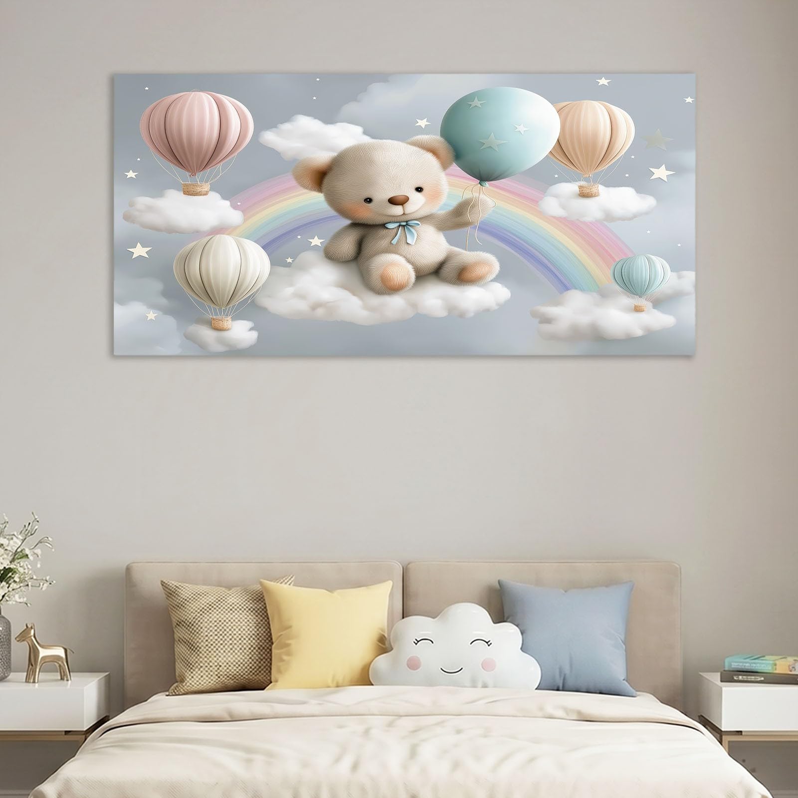 Leinwand Bilder Cartoon 90 x 60 cm Kinder Wandbilder Kunstdrucke, Grau Teddybär Luftballons Wolken - Panorama Wanddekoration für Wohnzimmer Schlafzimmer