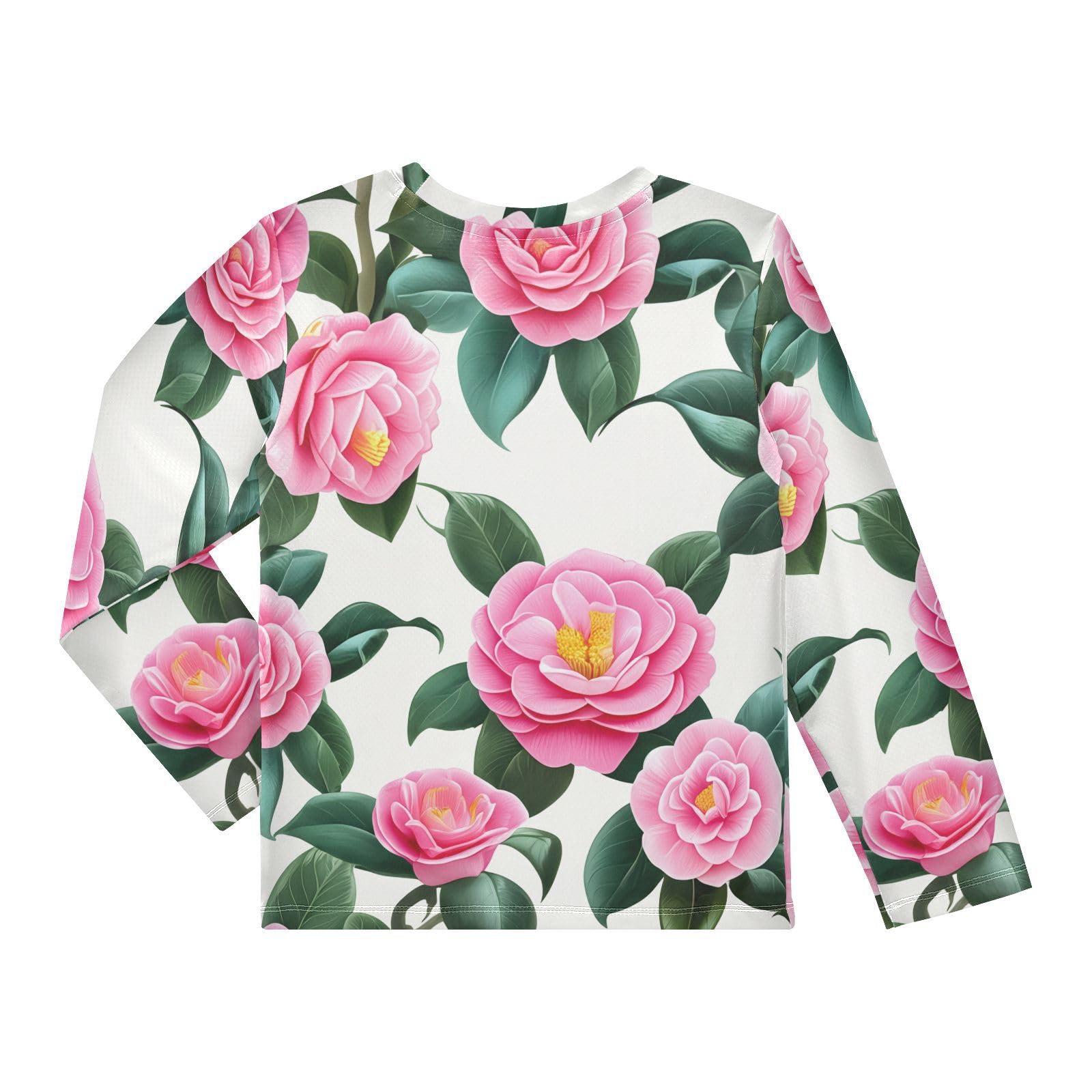 DOMIKING Camellia Flower Leave White Boys Long Sleeve Rashguard Shirt Kids Quick Dry Swim Shirt for Beach Pool Sport 11-12T