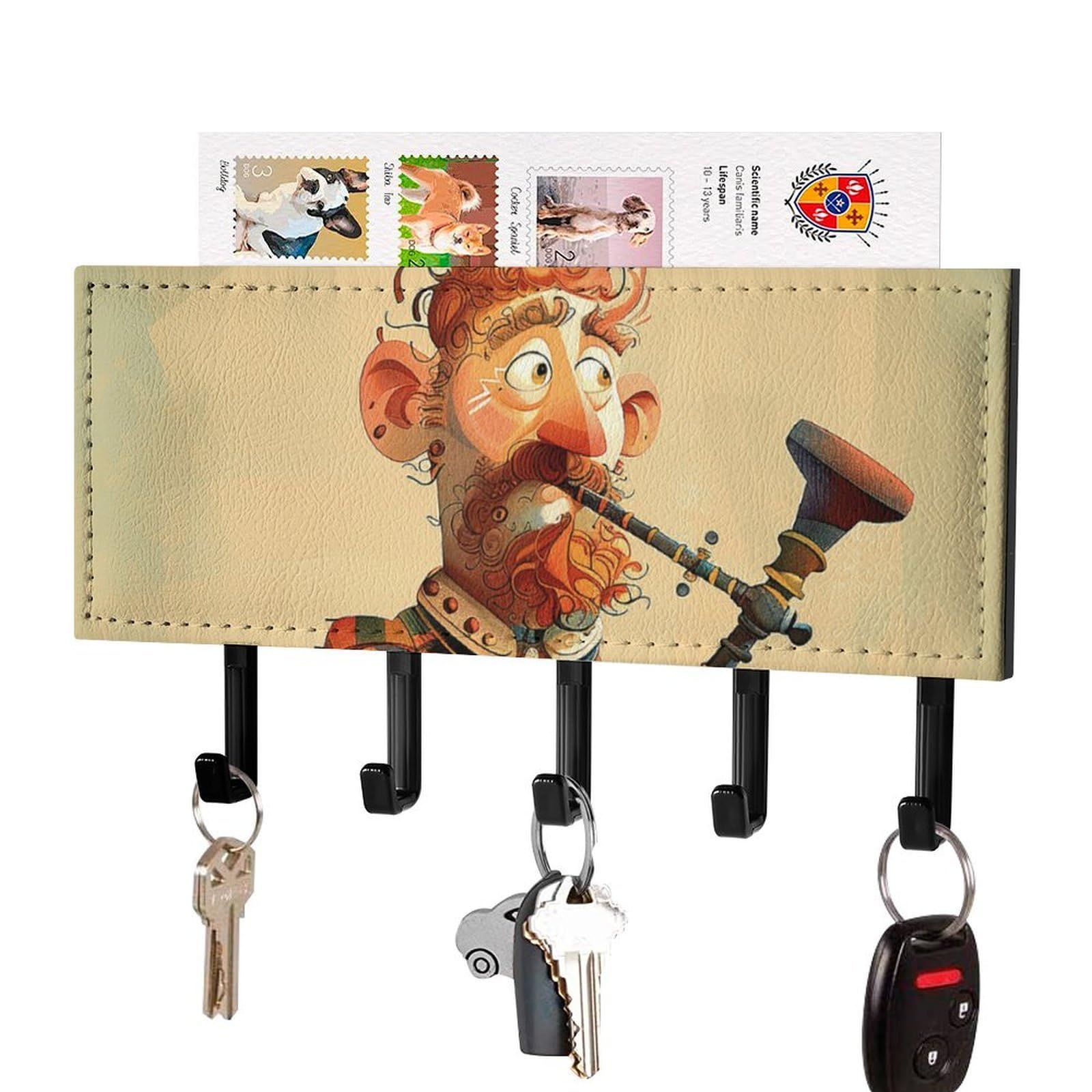 DWVTSLH Cartoon Scottish Bagpipe Key Holder for Wall, Decorative Key Hooks with Mail Organizer & 5 Hooks, Self Adhesive Leather Key Hanger for Entryway, Wall Mounted Key Rack (7.1” X 4.3” X 0.9”)