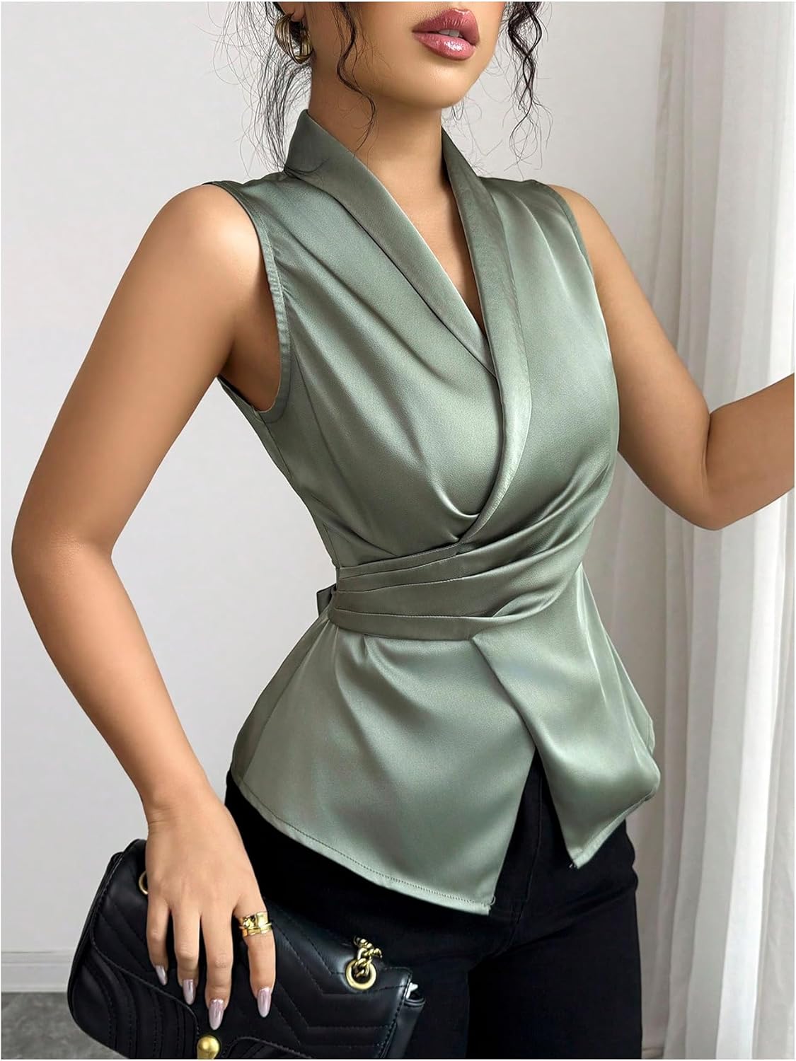 SweatyRocks Women's Sleeveless Ruffle Satin Blouses Elegant Business Work Wrap Tank Top - Image 2