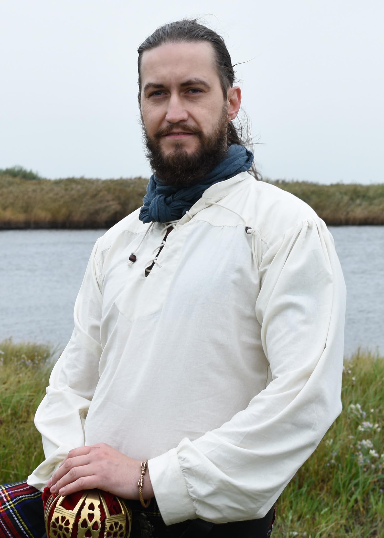 Battle-Merchant - Camicia Medievale Ludwig, da Uomo - Cotone - Taglia Ampia, Allacciatura, Collo Alto, Maniche Lunghe - Larp, Vichingo