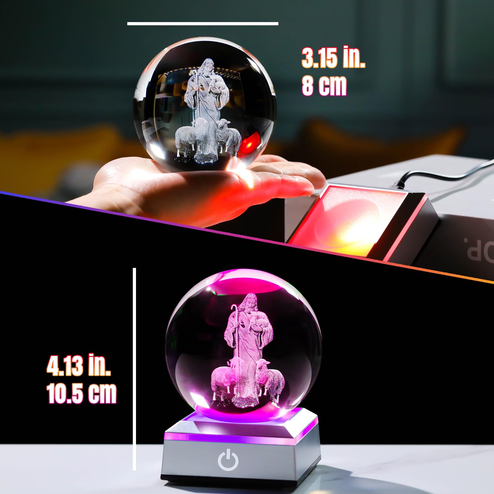 Movdyka 3.15" Crystal 3D Good Shepherd Ball Christian Gifts for Men Women Glass Jesus Statue Orbs Christ Presents With Colorful Light Base Religious Figurines Funny Ornament - Image 2