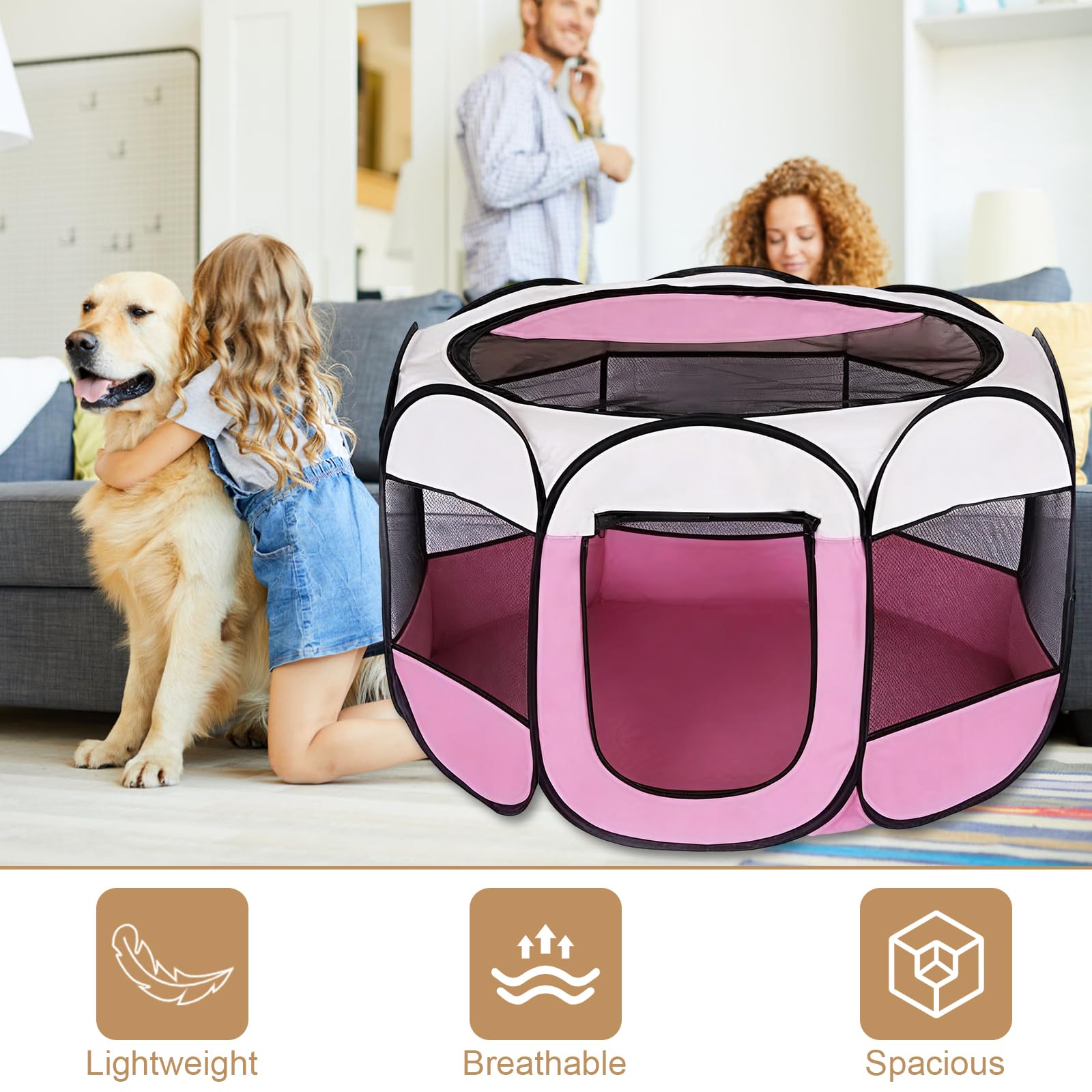 Parc pour Chien, Portable Parc pour Chiens et Chats, Tente Respirante pour l'intérieur et l'extérieur, pour Chats, Chiens, Lapins, Idéal pour Voyage et Camping, 74 x 74 x 43 cm (Rose)