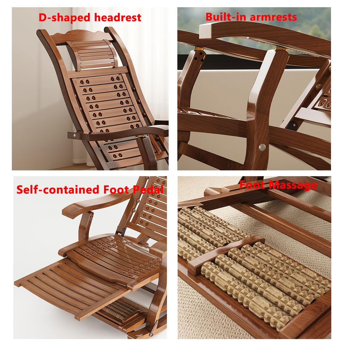 Drewniany Składany Fotel Bujany Leżaki Bujane Bambusowe Krzesło Ogrodowe Dla Osób Starszych, Krzesła Patio Podnóżek I Podłokietnik, Ergonomiczne Regulowane Oparcie (Color : Light Brown, Size : Walnu