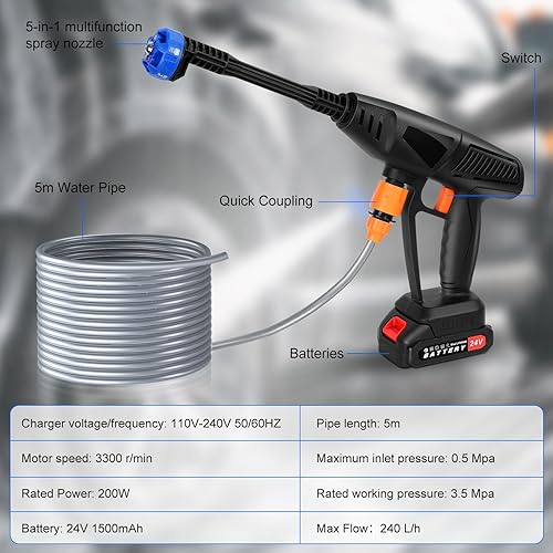 Miniatura 2 de Lavadora a presión inalámbrica, lavadora a batería de 507 PSI con 2 baterías recargables y boquilla 5 en 1, lavadora a presión portátil de 24 V para