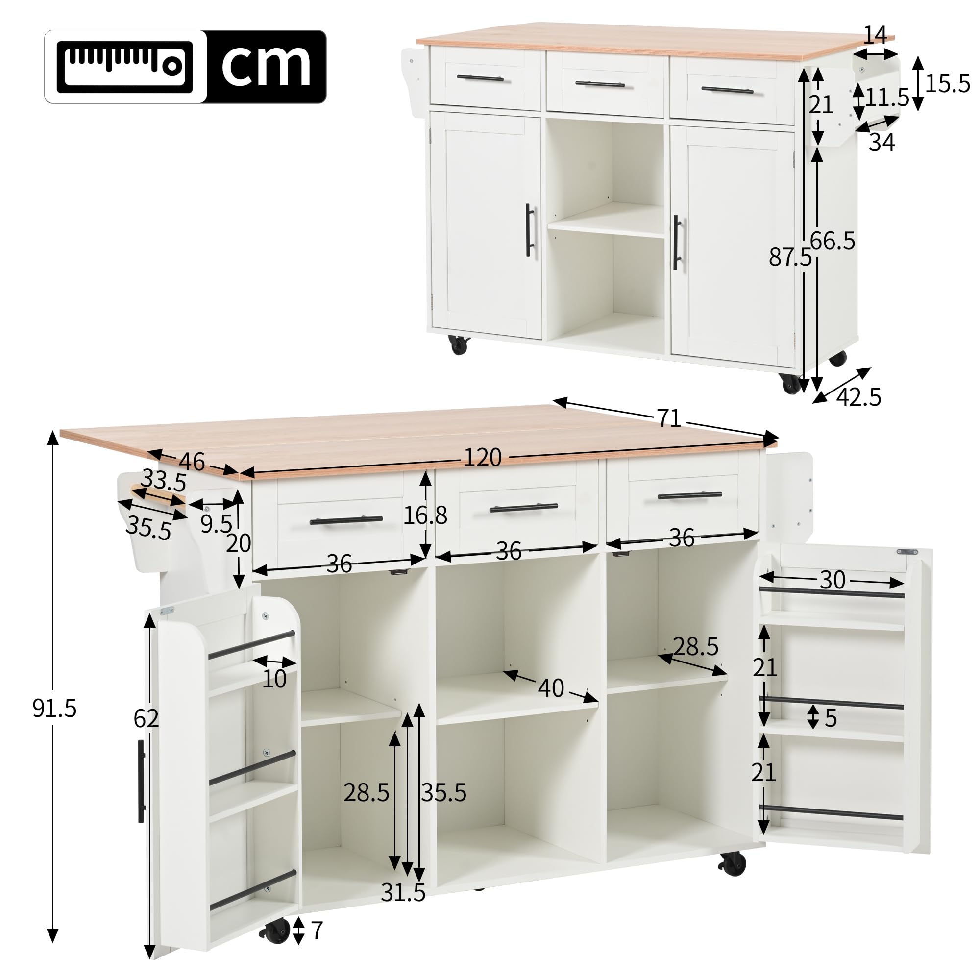 Sapgaks Îles de Cuisine Mobiles 139 x 46 (71) x 91,5 cm avec Plan de Travail Rabattable et étagères intégrées aux Portes,Buffet de Salle à Manger avec 3 tiroirs,Chariot de Cuisine sur roulettes,Blanc