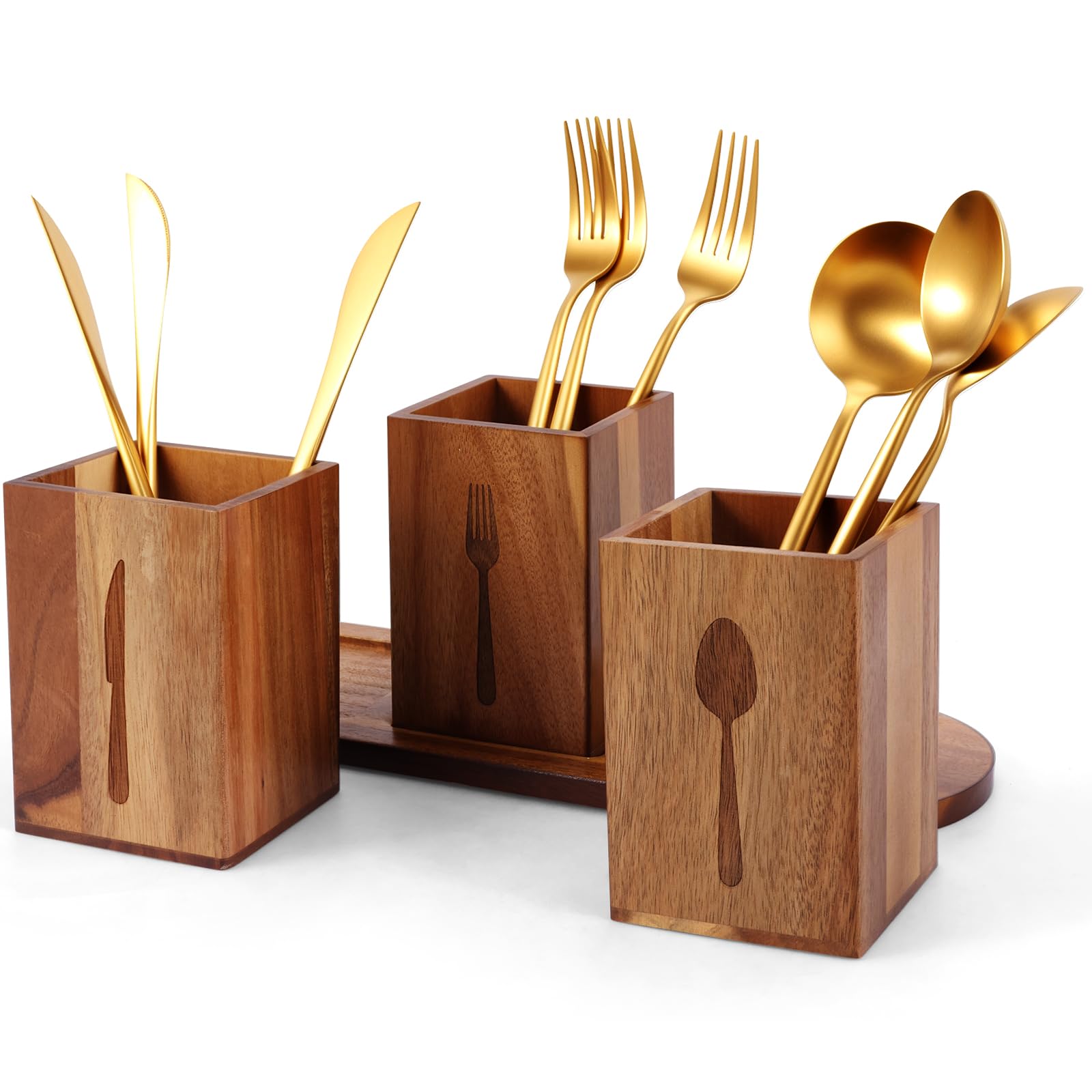 Foppla 3Pcs Kitchen Utensil Holder,Flatware Caddy with 3 Compartment, Wooden Tray Cutlery for Party ,Utensil Holder Containers for Spoons Forks and knives(coffee)