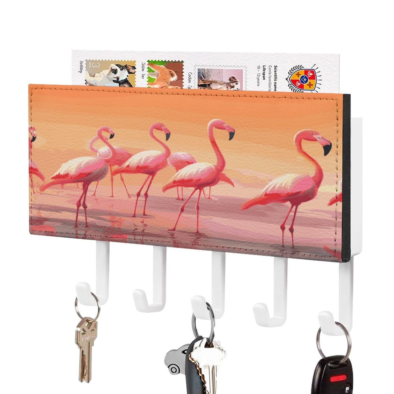 Vstadank White-Style A Flock Of Flamingos Key Holder For Wall Mount With 5 Hooks Decorative Key And Mail Holder Farmhouse Wall Hooks With Shelf Pu Leather Key Rack With Mail Holders For Entryway Home