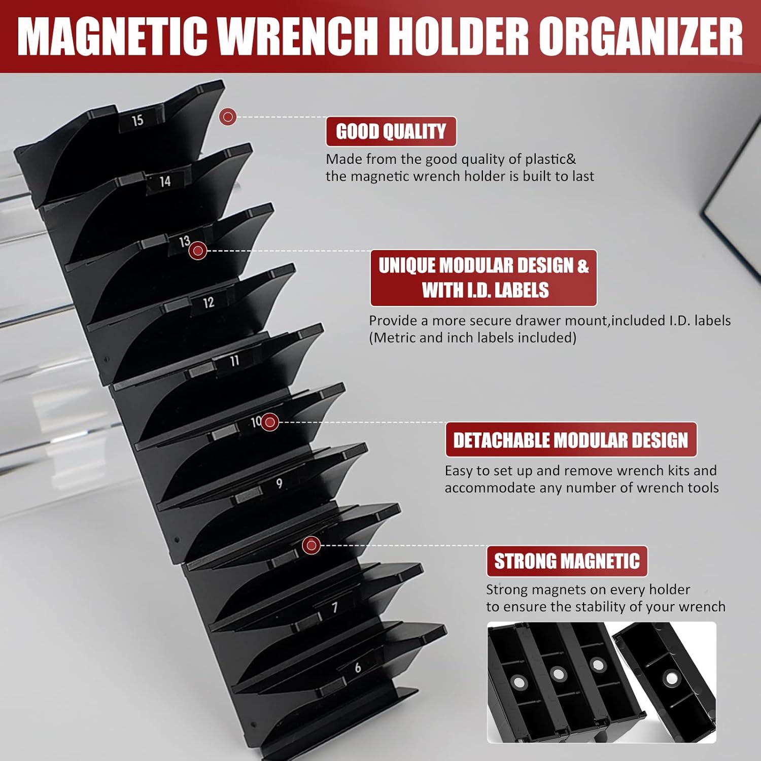 60 pcs Magnetic Modular Wrench Organizer Wrench Holder - Wrenchs Tool Organizers for Tool Drawer Storage, Wrenchs Rack with Metric SAE Labels, Tool Storage Set Holder Festival for Mechanics