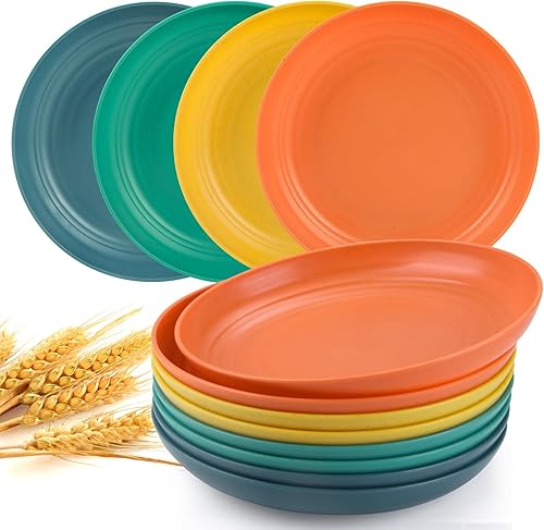 Juego de 8 platos de cena alternativos para platos de plástico, aptos para microondas y lavavajillas, platos de paja de trigo para cocina, platos