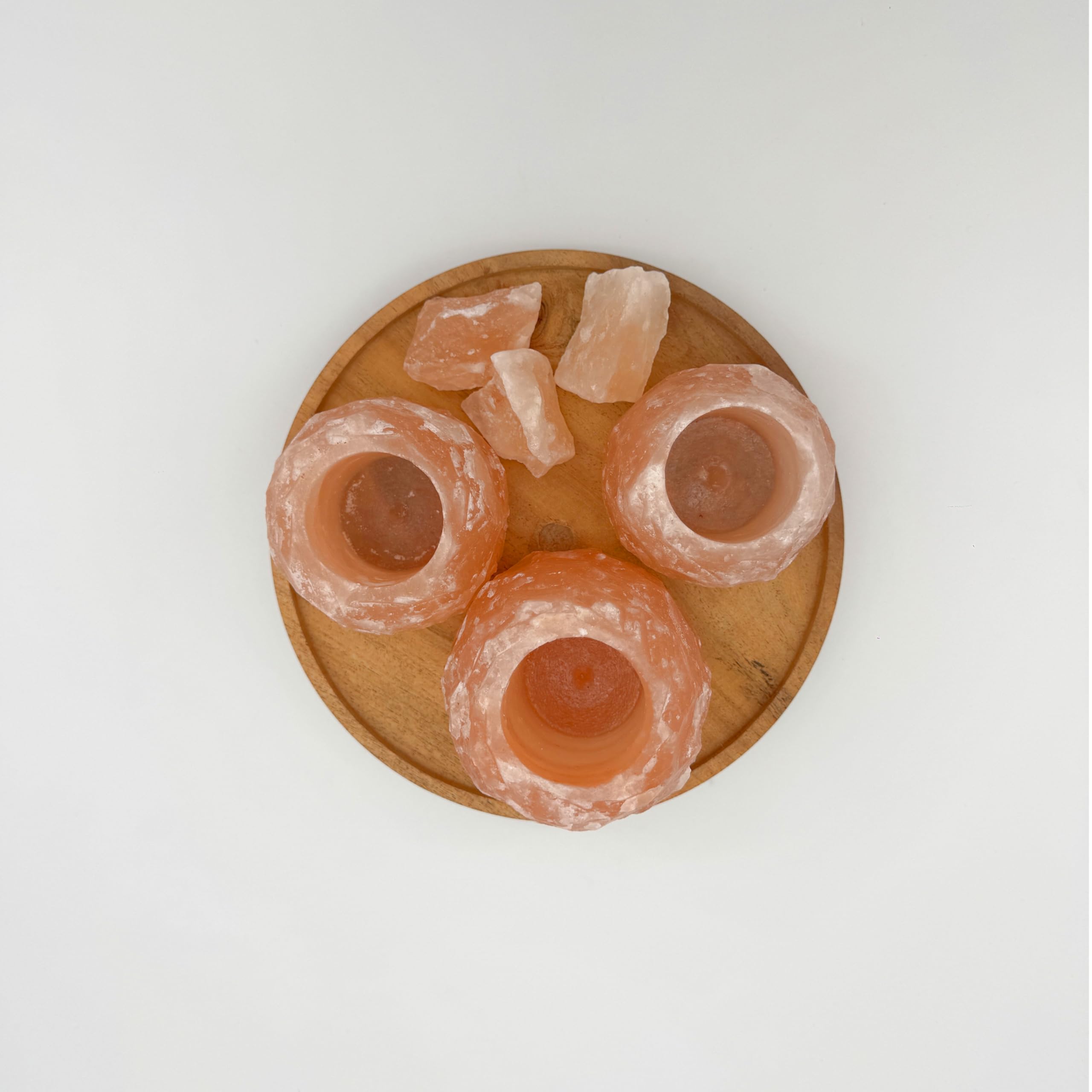 HAF Teelichthalter Set Rosa 3-teilig (2X ca. 400g & 1x ca. 700g) auf Holzplatte – Handgefertigte Kristallsalz Kerzenhalter für harmonisches Licht und Deko – ohne Teelichter