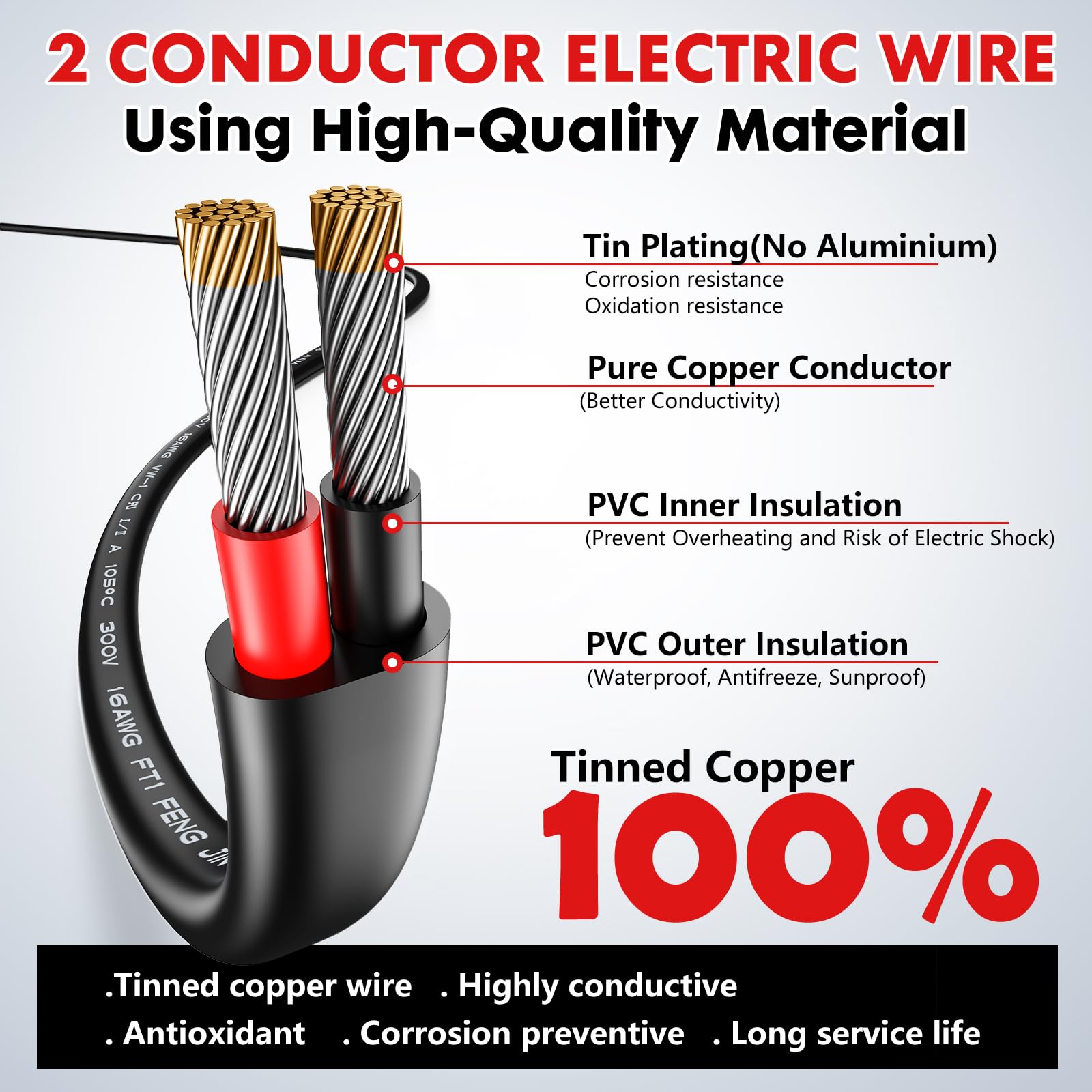 20Gauge Wire 2 Conductor Electrical Wire, 18 AWG Wire Stranded PVC Cord, 12V Low Voltage/Oxygen-Free Tinned Copper/Flexible 18/2 Cable for Automotive Marine LED Strips Lamps Lighting 