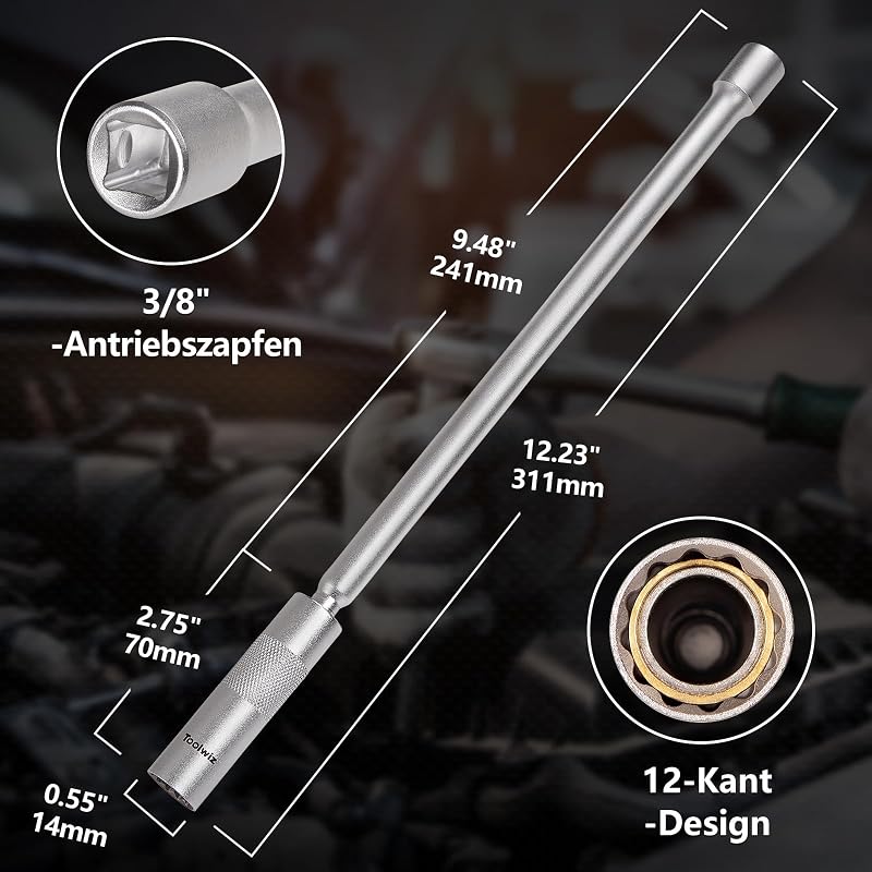 Toolwiz 14 mm-es gyújtógyertya dugókulcs 30 cm-es hosszabbítóval, 12 pontos 3/8" meghajtás, 360° forgó, mágnessel, vékonyfalú Cr-V acél