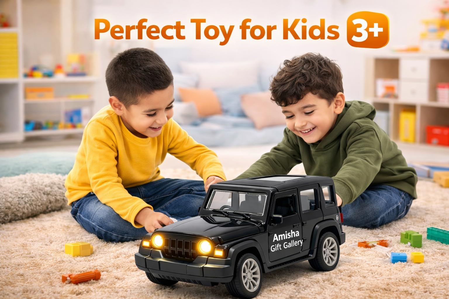 Thar Roxx 1:32 Scale Die-Cast Metal Pull Back Toy Car with Openable Doors Lights & Music | Alloy 4x4 SUV Model Vehicle Toy for Kids Boys Girls Age 2+ | Collectible Mini Car Gift Black 3