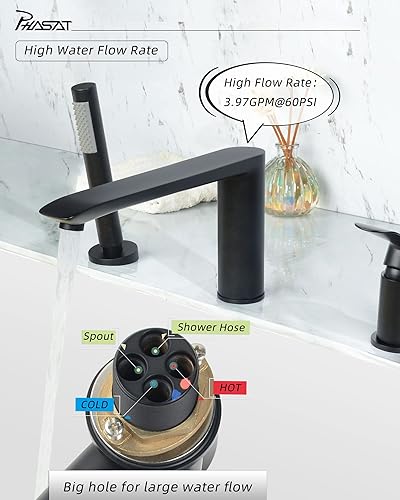 Miniatura 3 de PHASAT Grifo de bañera romano con ducha de mano, relleno de tina de latón de 3 agujeros con pulverizador, juego de grifo de bañera de cascada, negro