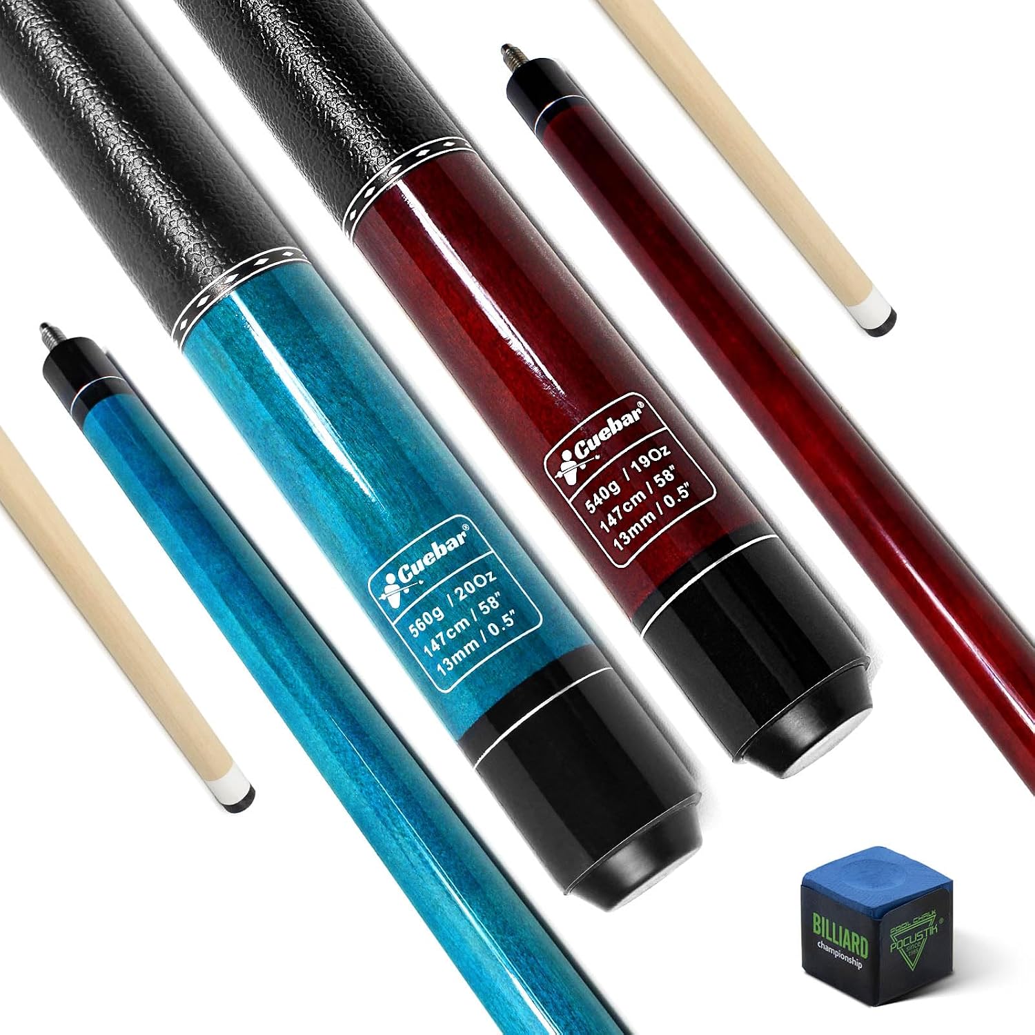 Pool Cues Set of 2, 58 Inch Pool Sticks for Adults, House Bar Billiard Cue Sticks with Imitation Leather Grip, Pool Table Sticks at 2 Different Colors and Weights